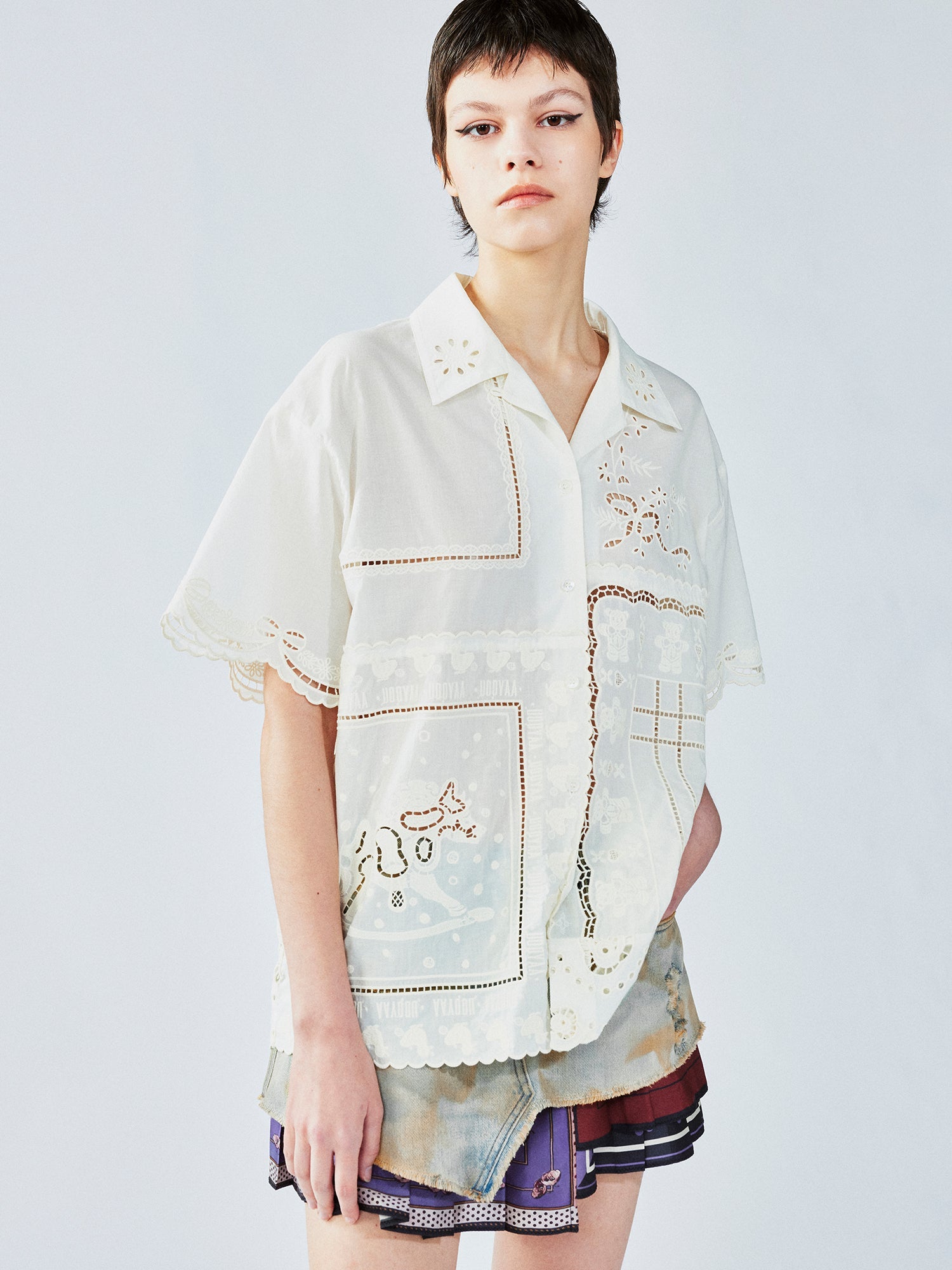 Cutwork embroidery patchwork shirt