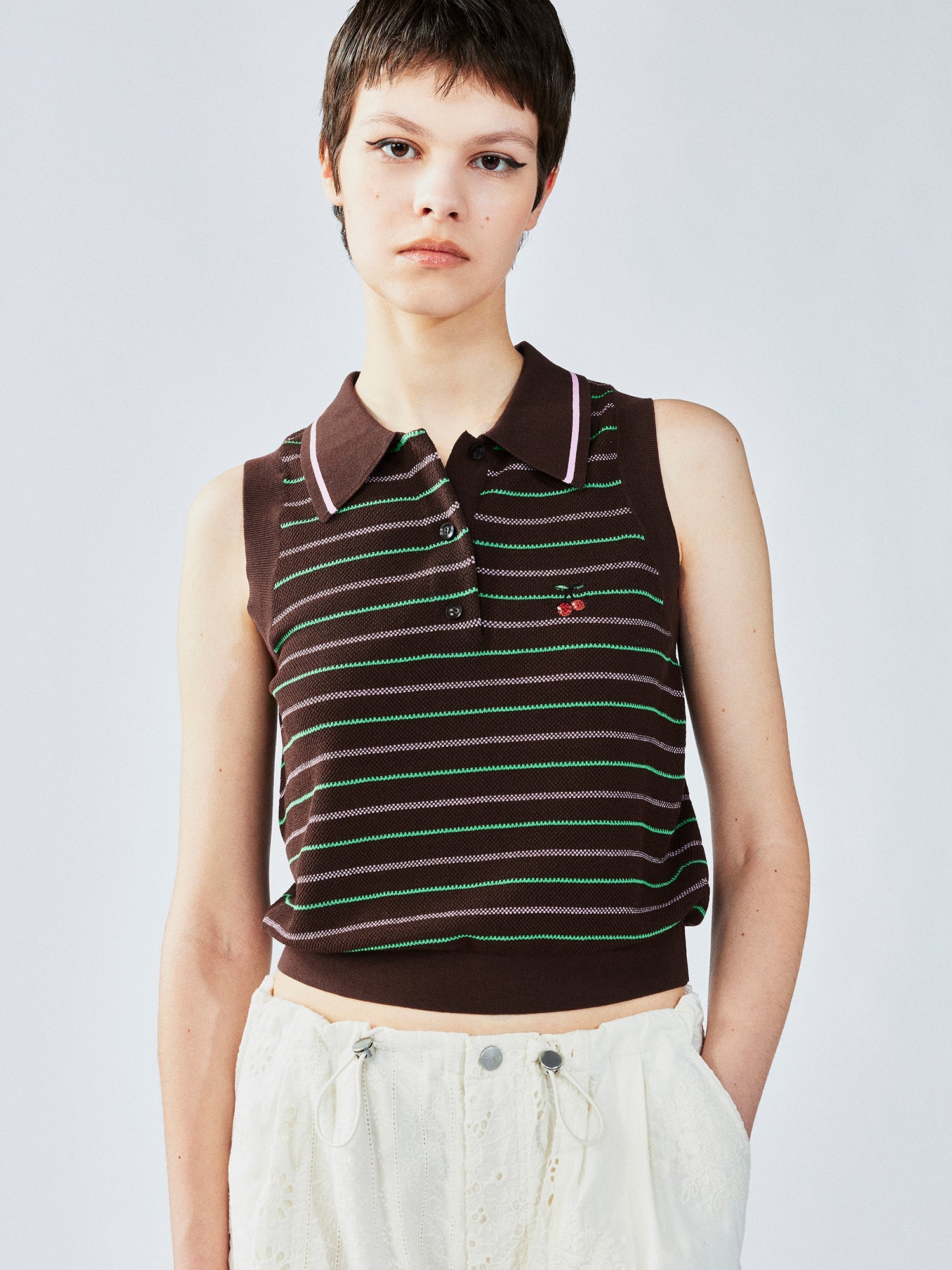 Striped knit polo vest
