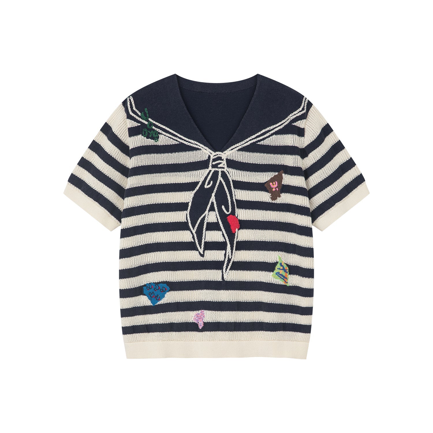 Patchwork Remake striped sailor collar knit tee