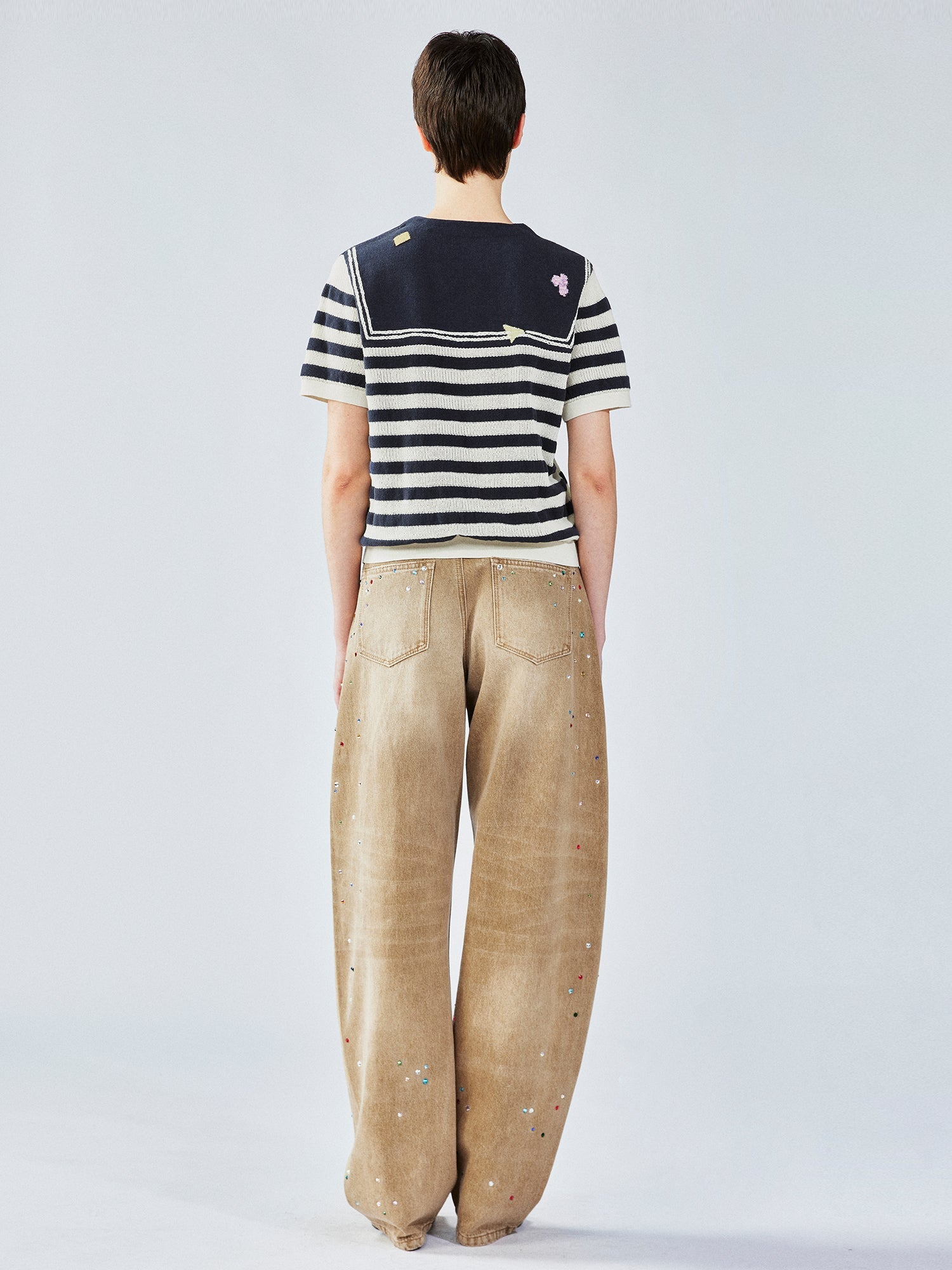 Patchwork Remake striped sailor collar knit tee