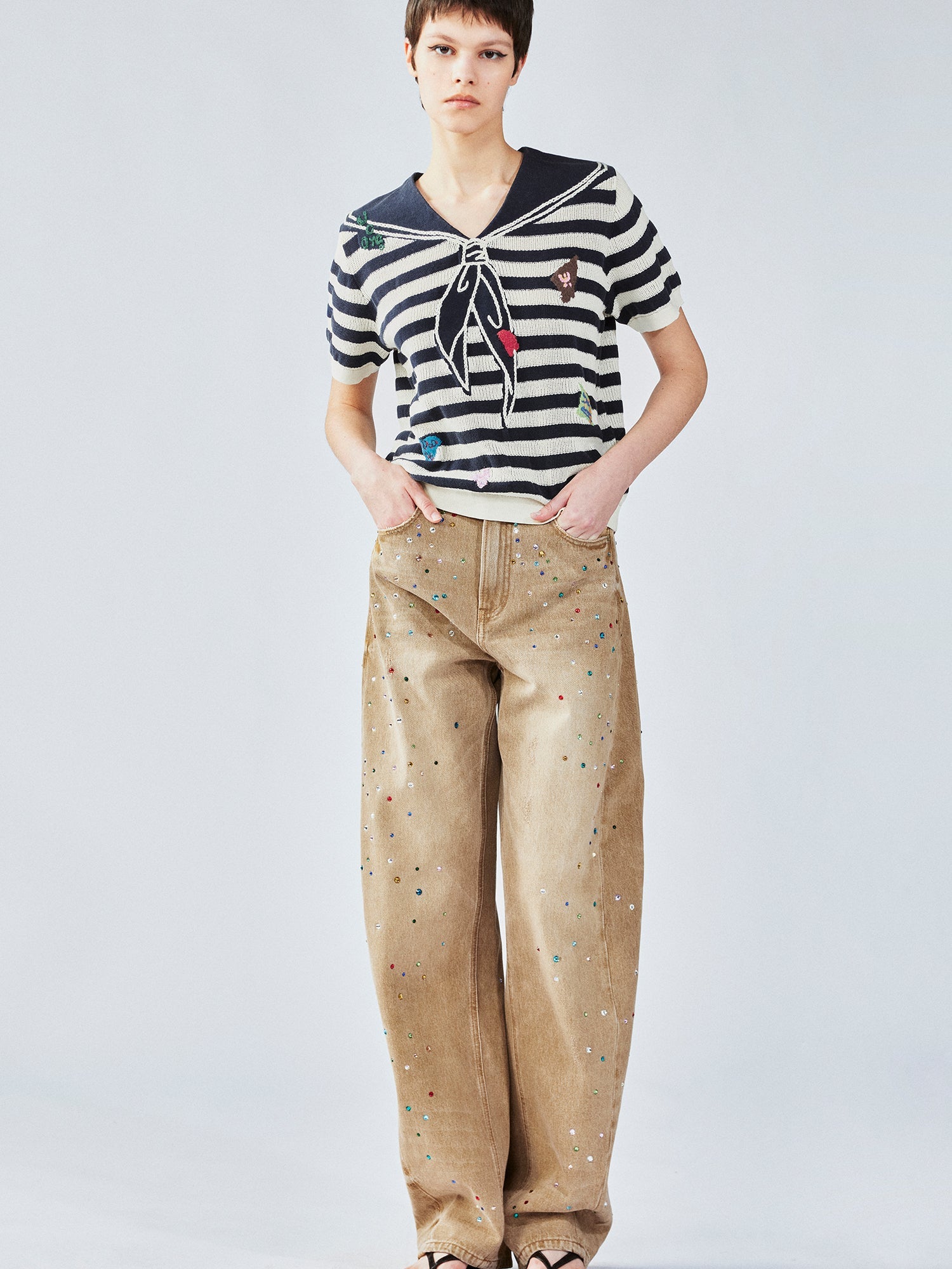 Patchwork Remake striped sailor collar knit tee