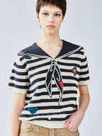 パッチワークリメイクストライプセーラーカラーニットTシャツ