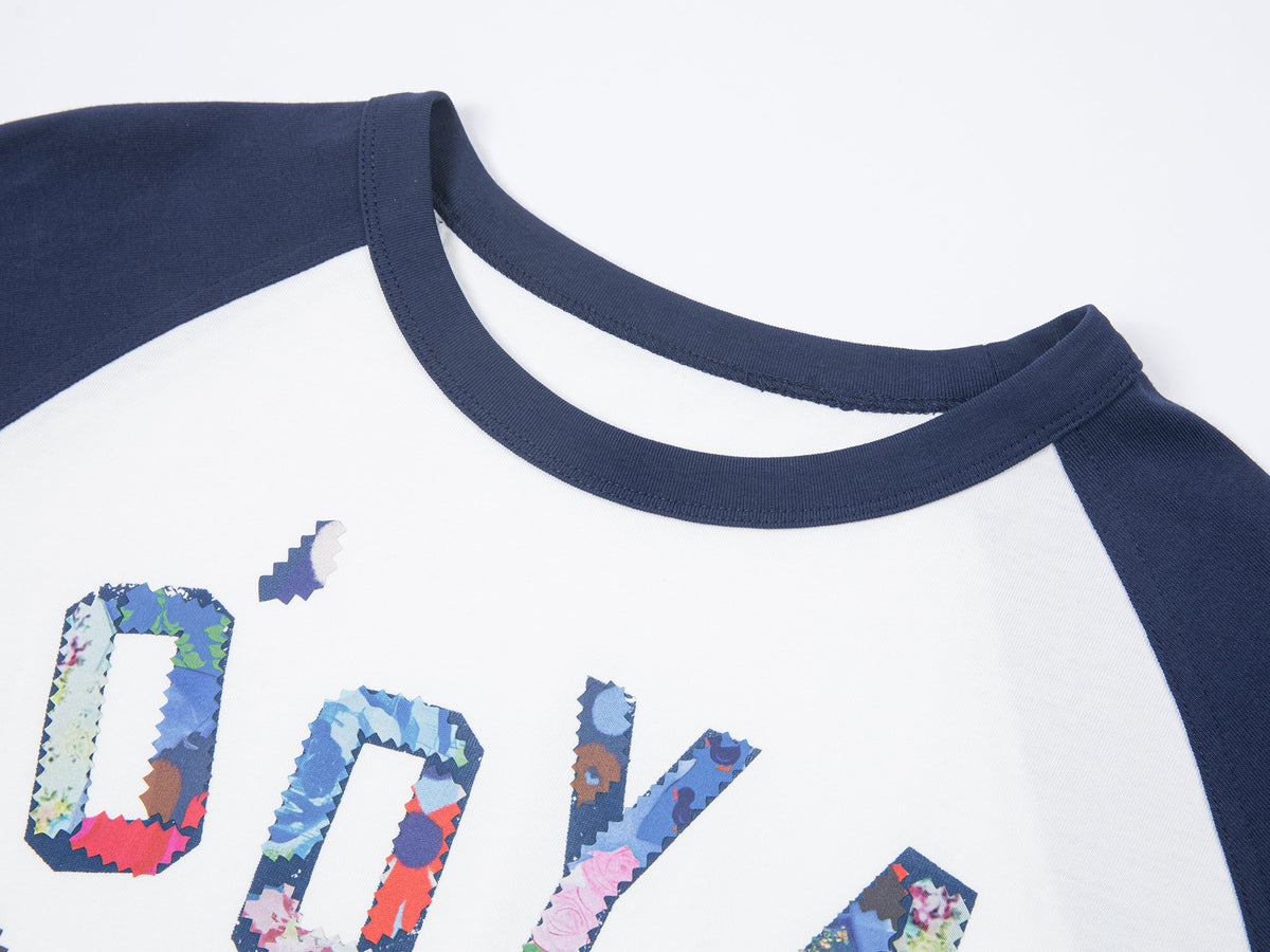 花柄パッチワークのチェリープリントラグランTシャツ