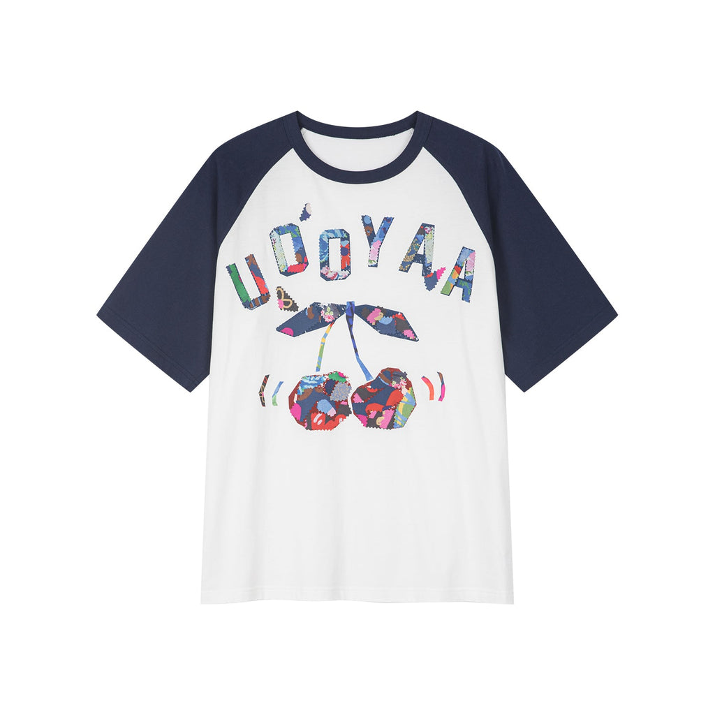 花柄パッチワークのチェリープリントラグランTシャツ