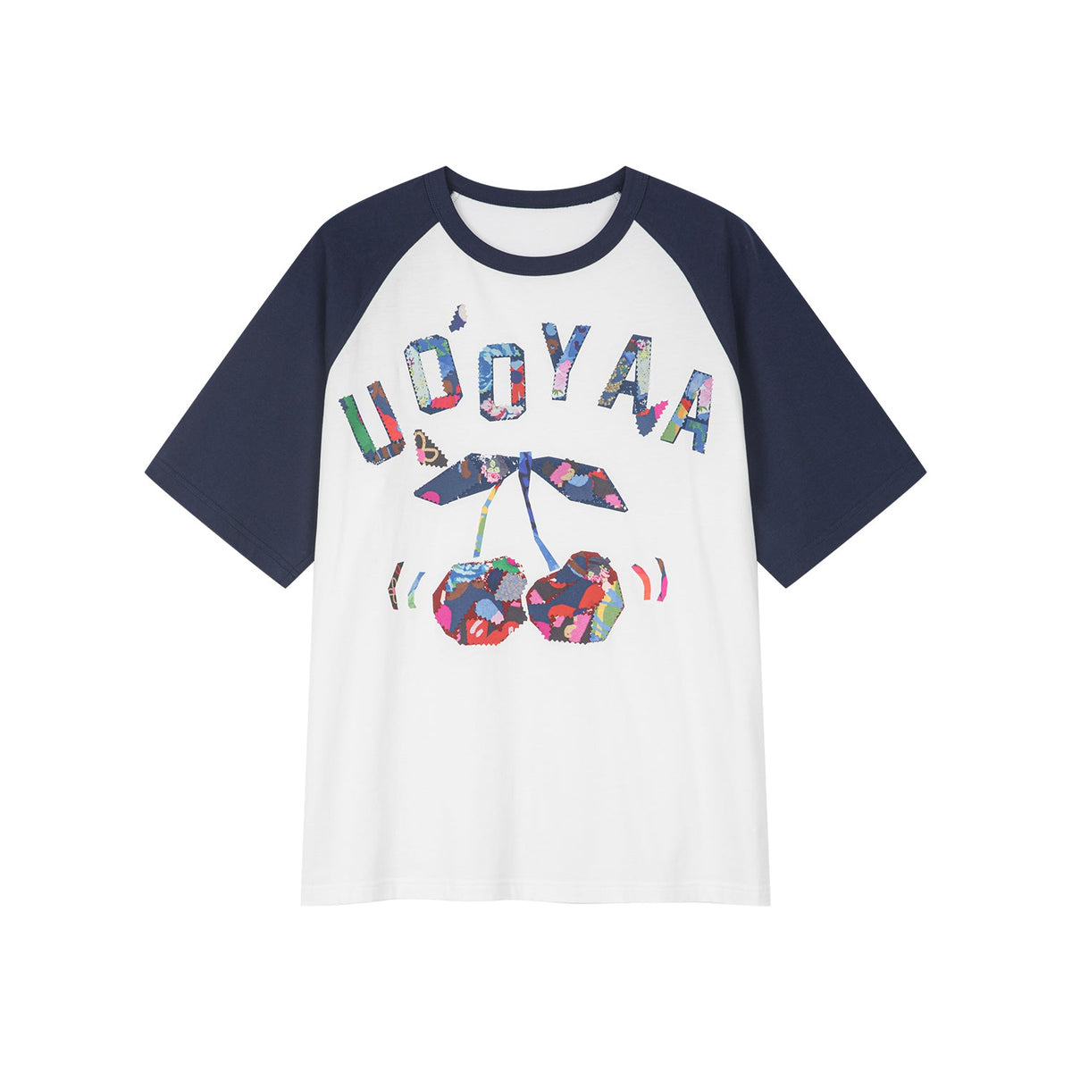 花柄パッチワークのチェリープリントラグランTシャツ