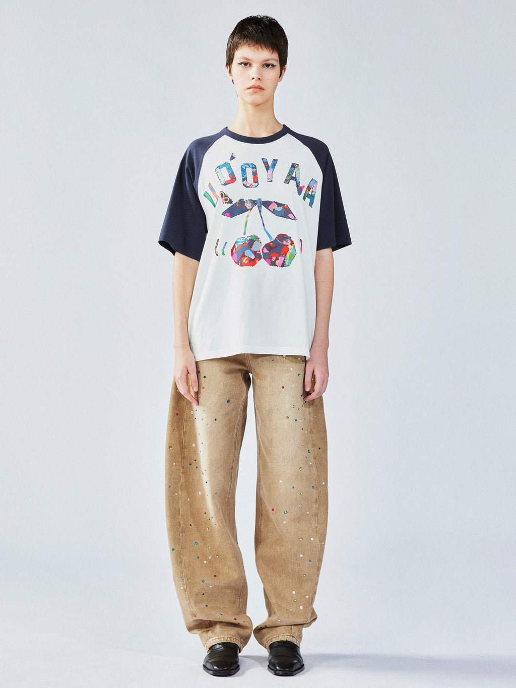 花柄パッチワークのチェリープリントラグランTシャツ