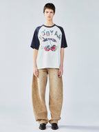 花柄パッチワークのチェリープリントラグランTシャツ
