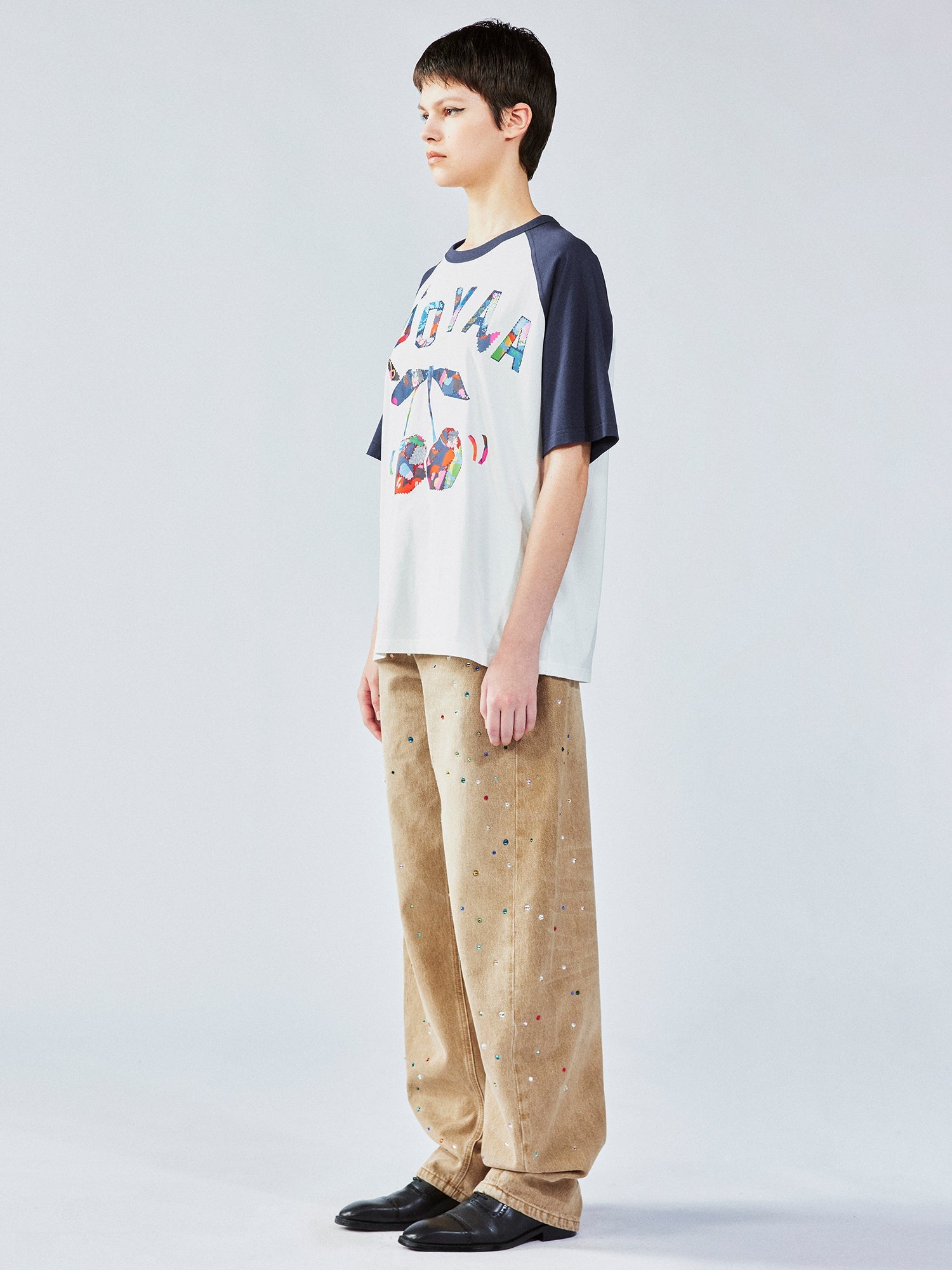 Cherry print raglan tee with floral patchwork