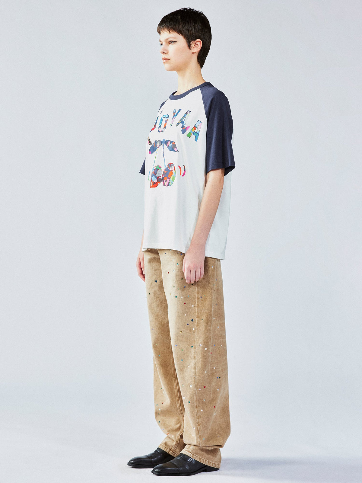 花柄パッチワークのチェリープリントラグランTシャツ