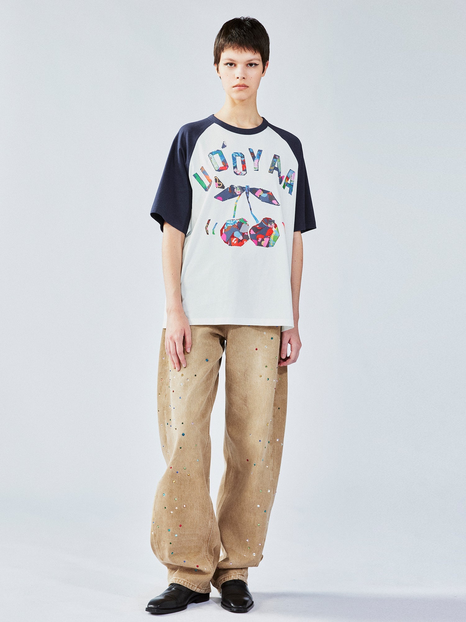 Cherry print raglan tee with floral patchwork