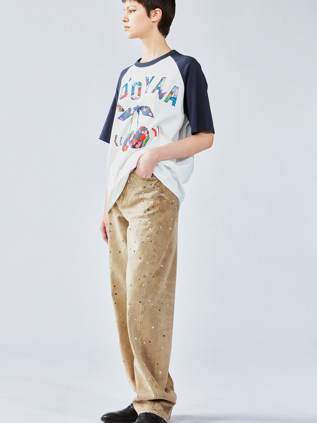 花柄パッチワークのチェリープリントラグランTシャツ