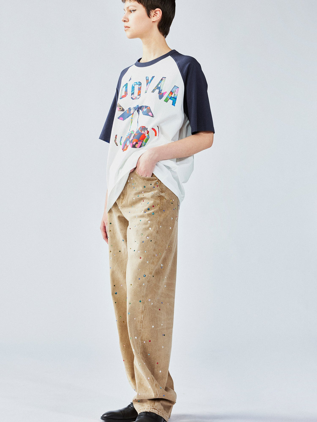 花柄パッチワークのチェリープリントラグランTシャツ