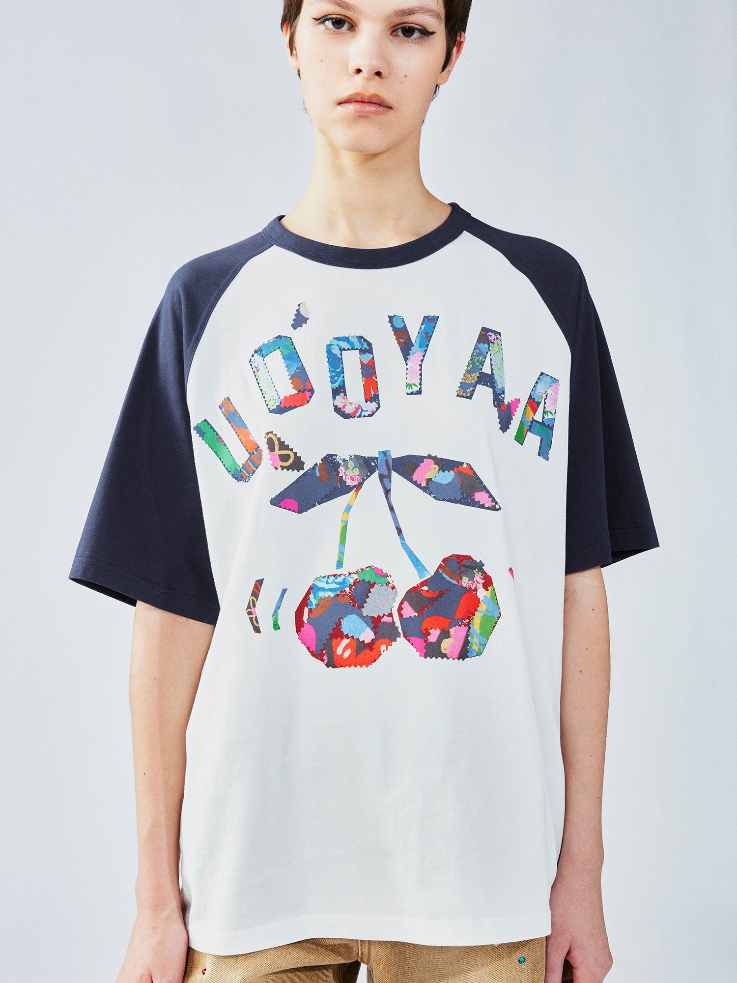 Cherry print raglan tee with floral patchwork