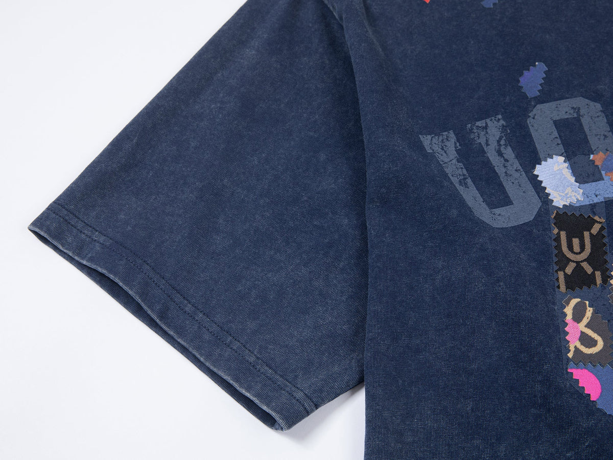 花柄パッチワークのカレッジTシャツ
