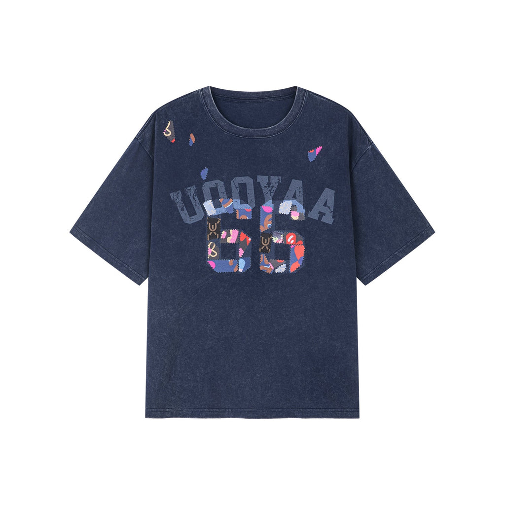 花柄パッチワークのカレッジTシャツ