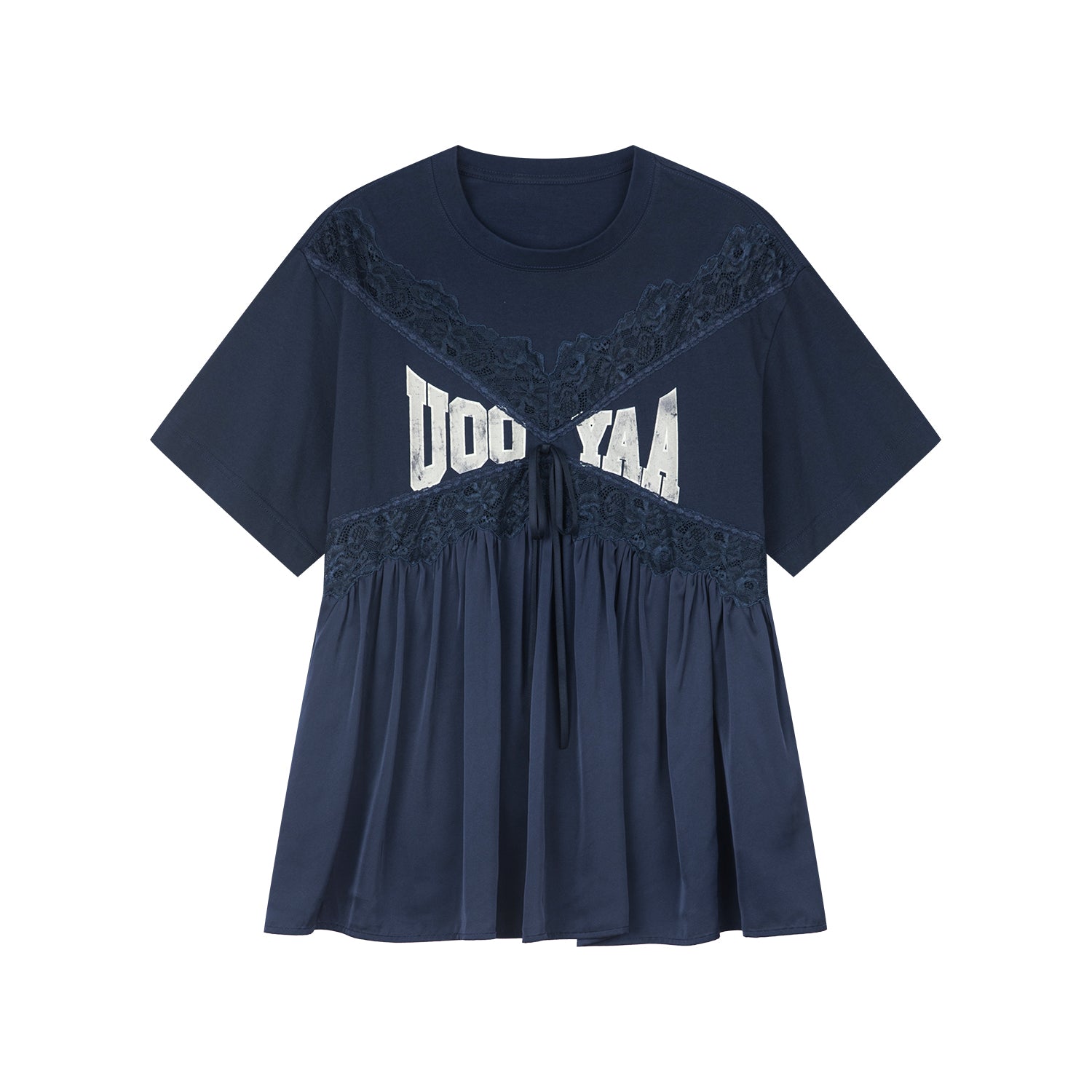 Lace satin ruched pullover