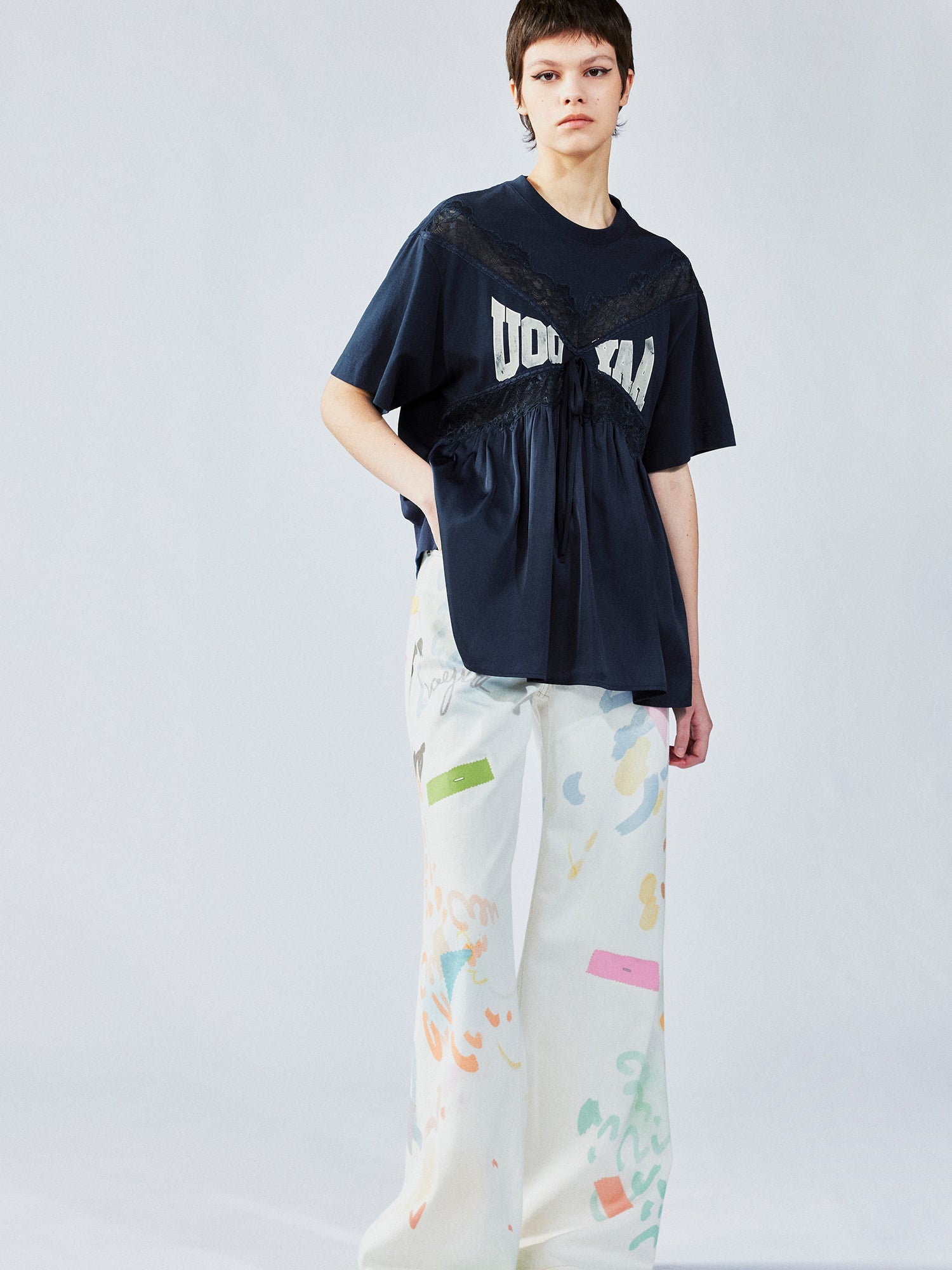 Lace satin ruched pullover