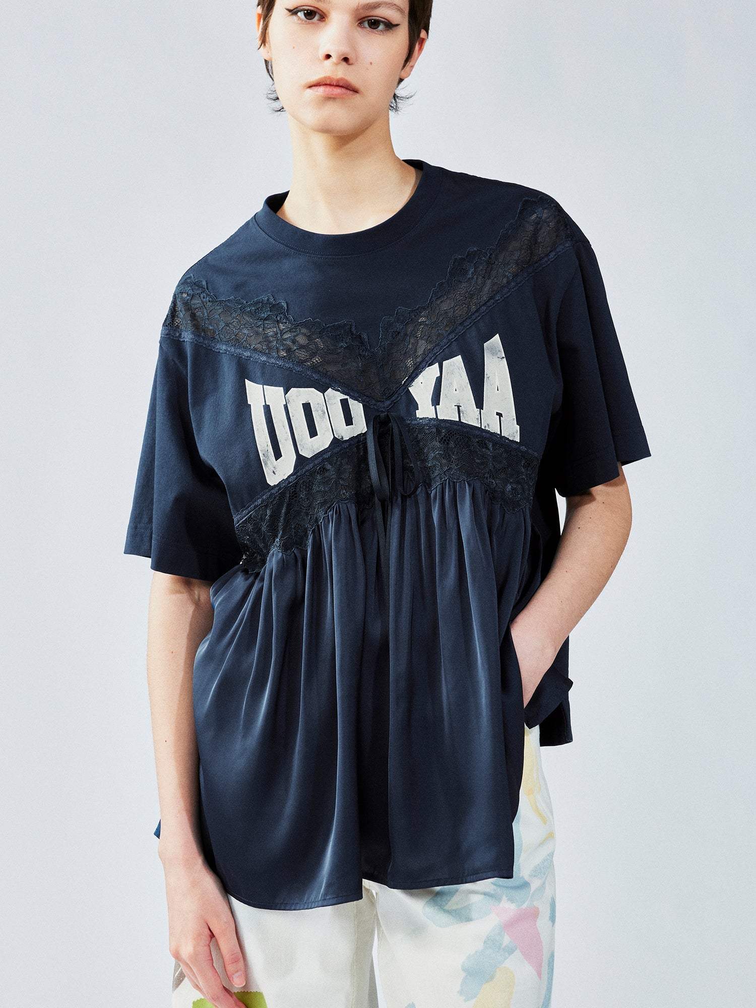 Lace satin ruched pullover