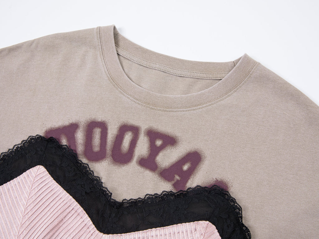 パッチワークコットンTシャツとレースドレス