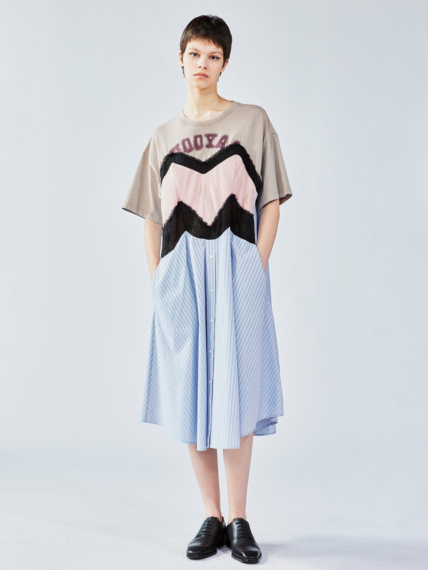 Patchwork cotton tee with lace dress