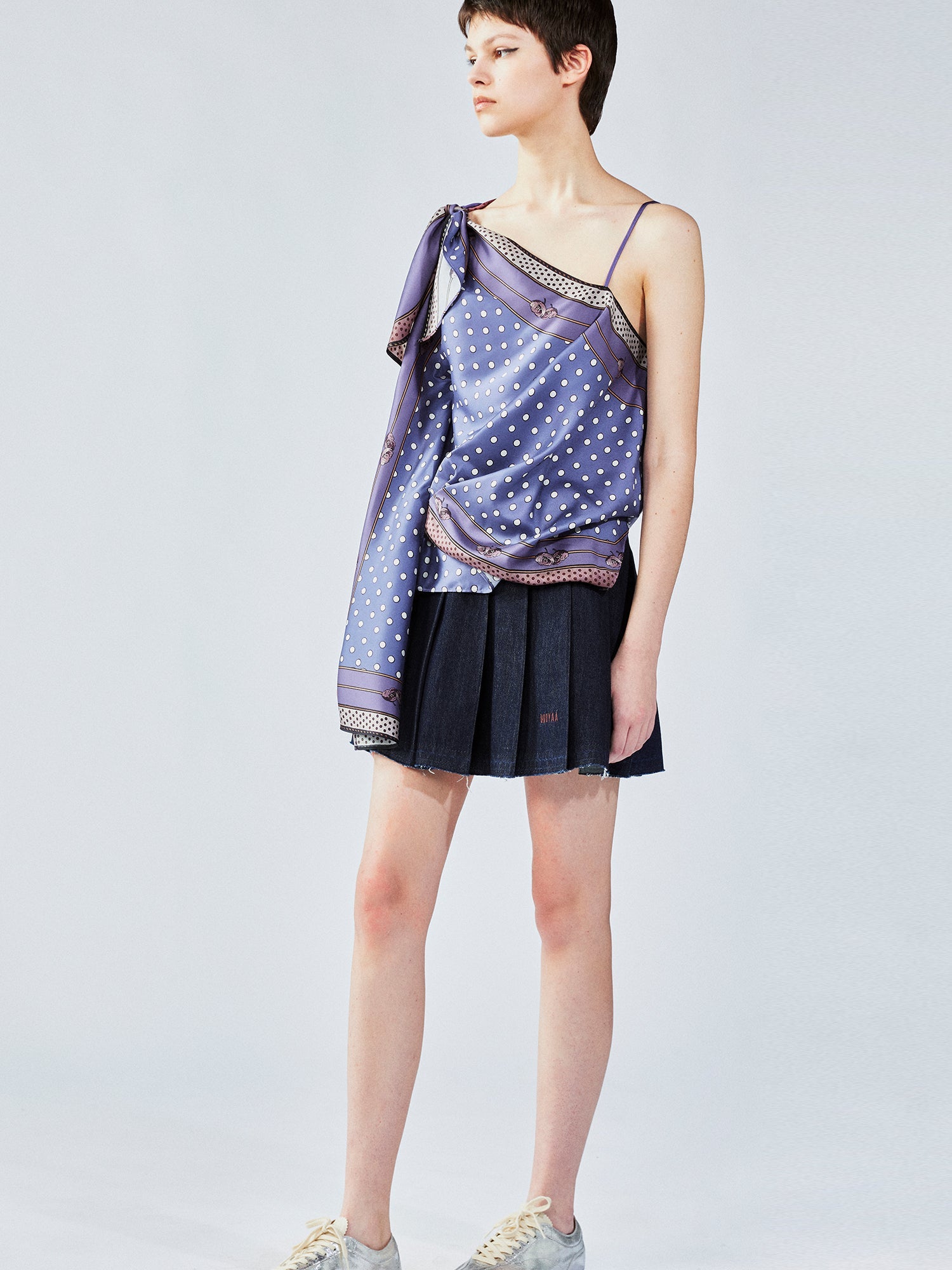 Pleated denim mini skirt