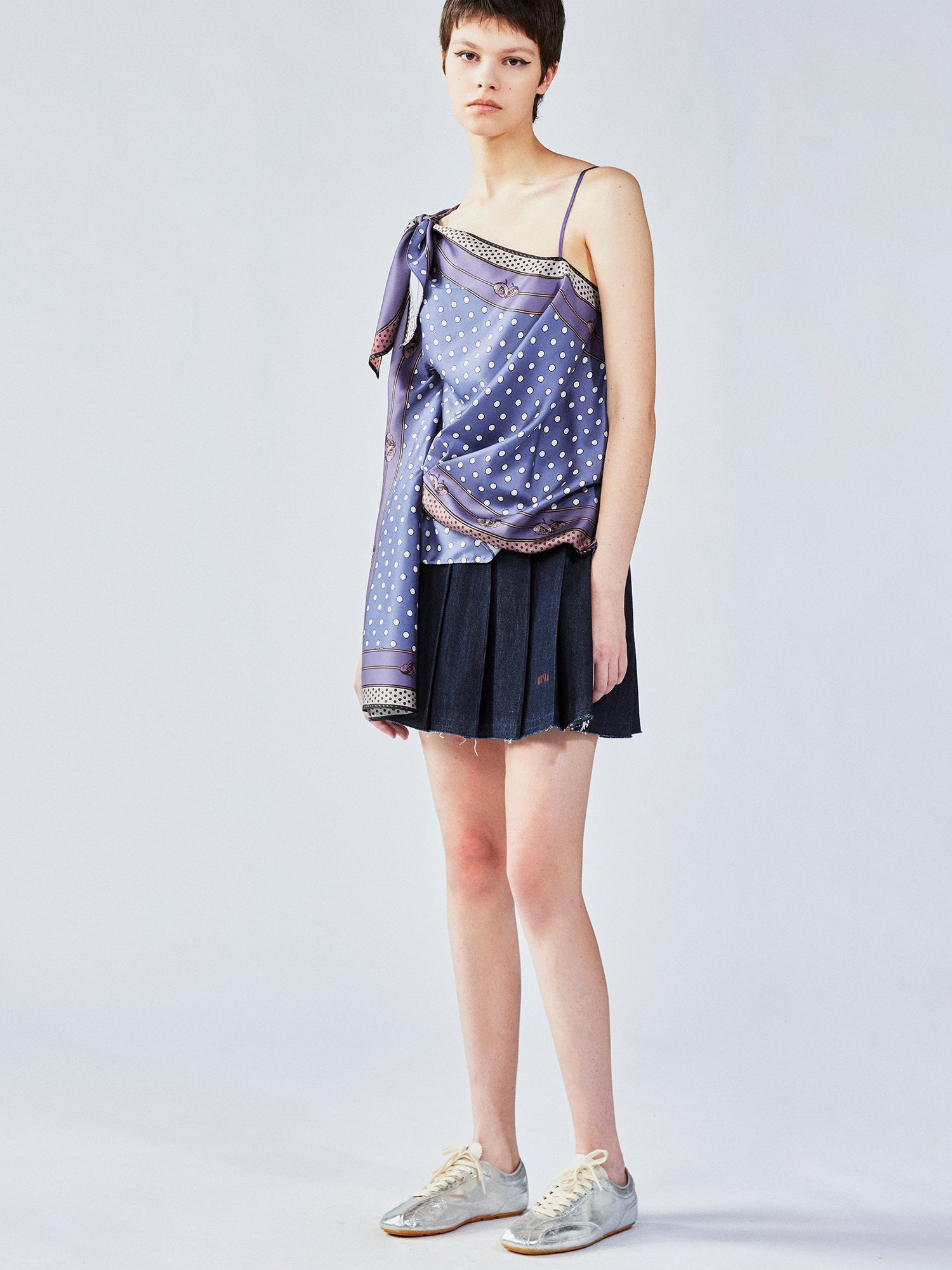 Pleated denim mini skirt