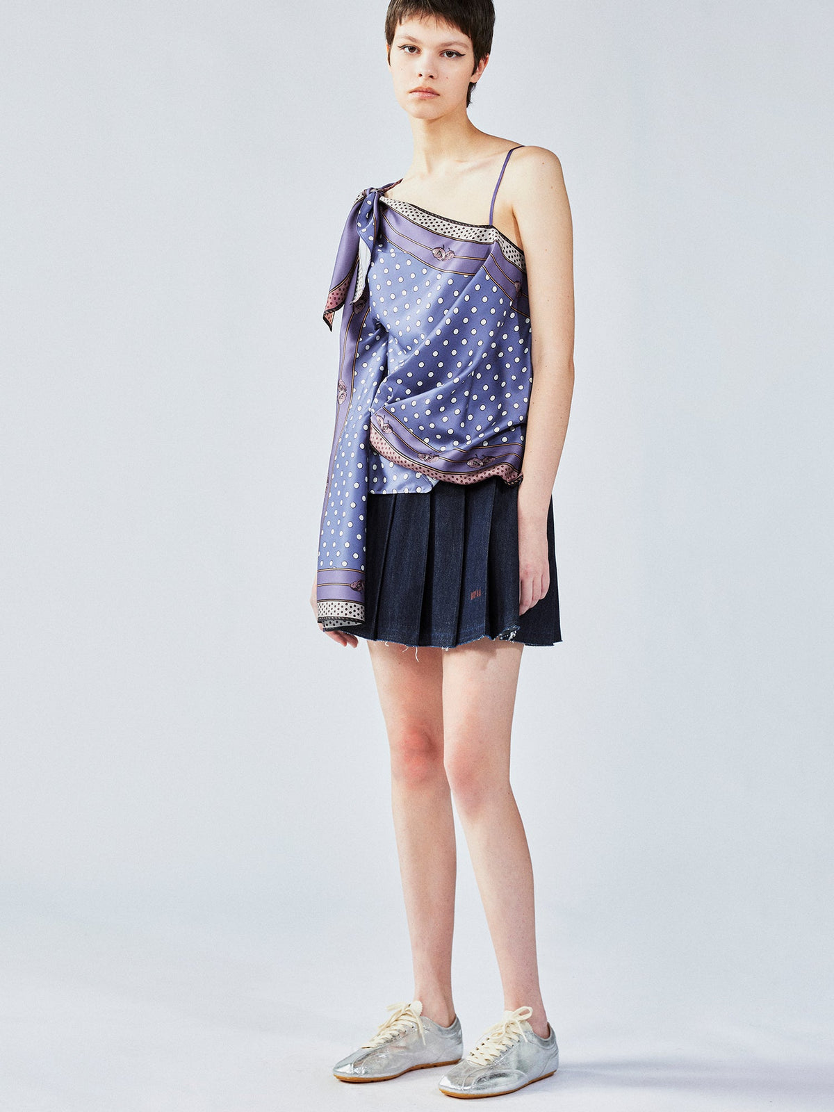 Pleated denim mini skirt