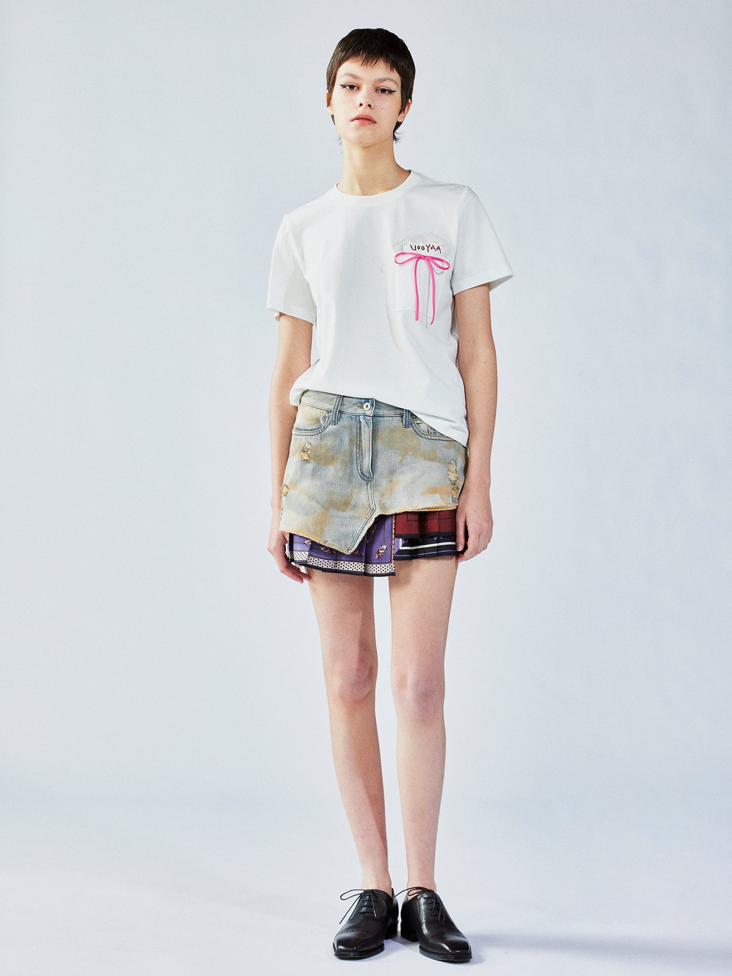 Pleated scarf denim skirt