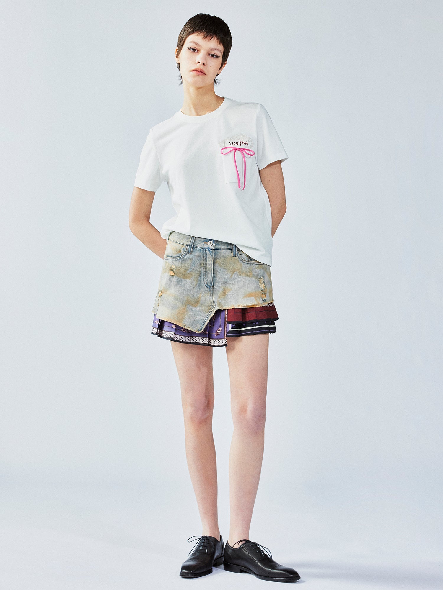 Pleated scarf denim skirt