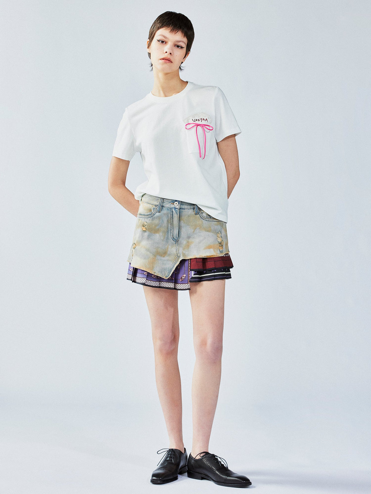 Pleated scarf denim skirt