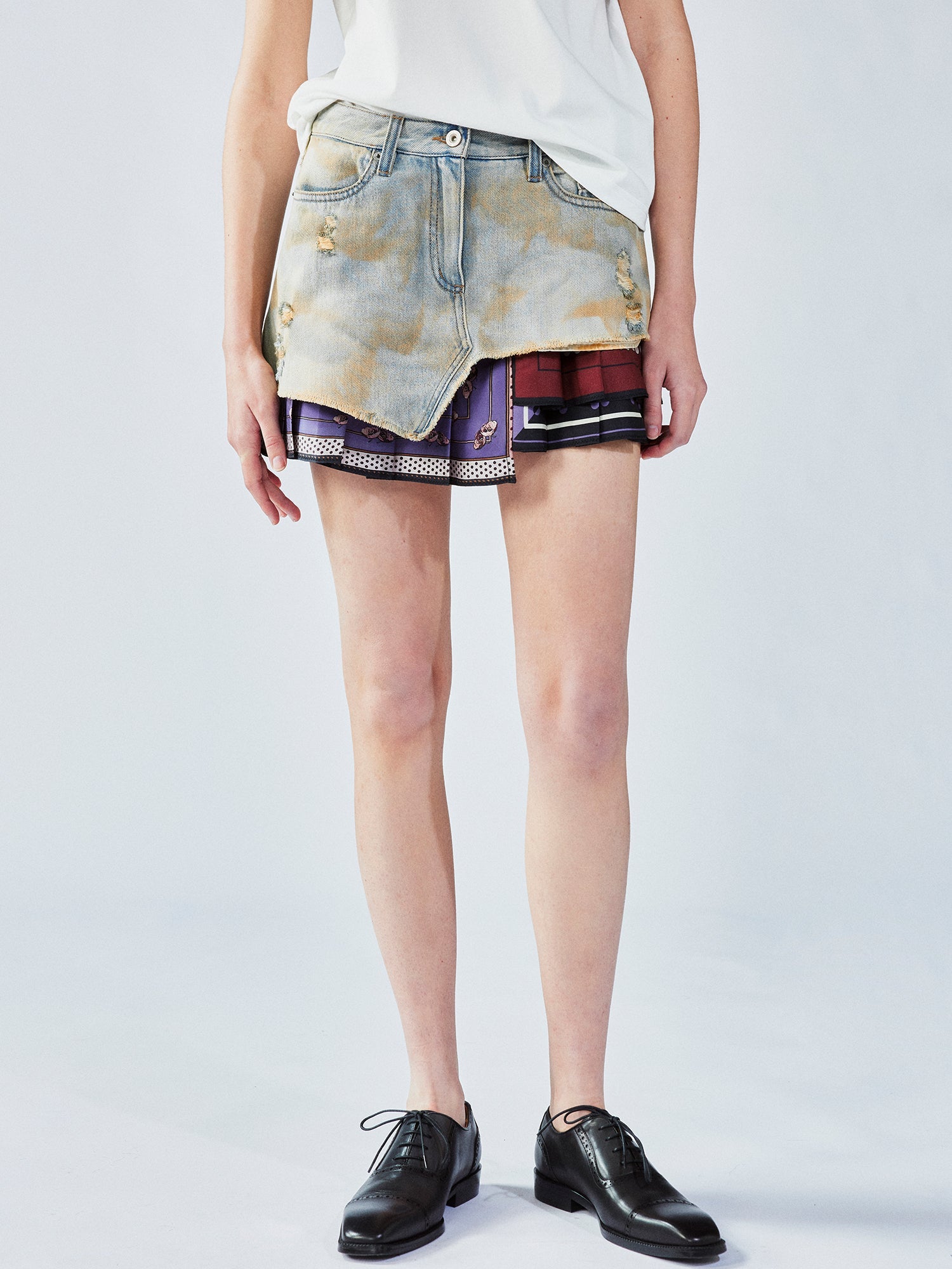 Pleated scarf denim skirt