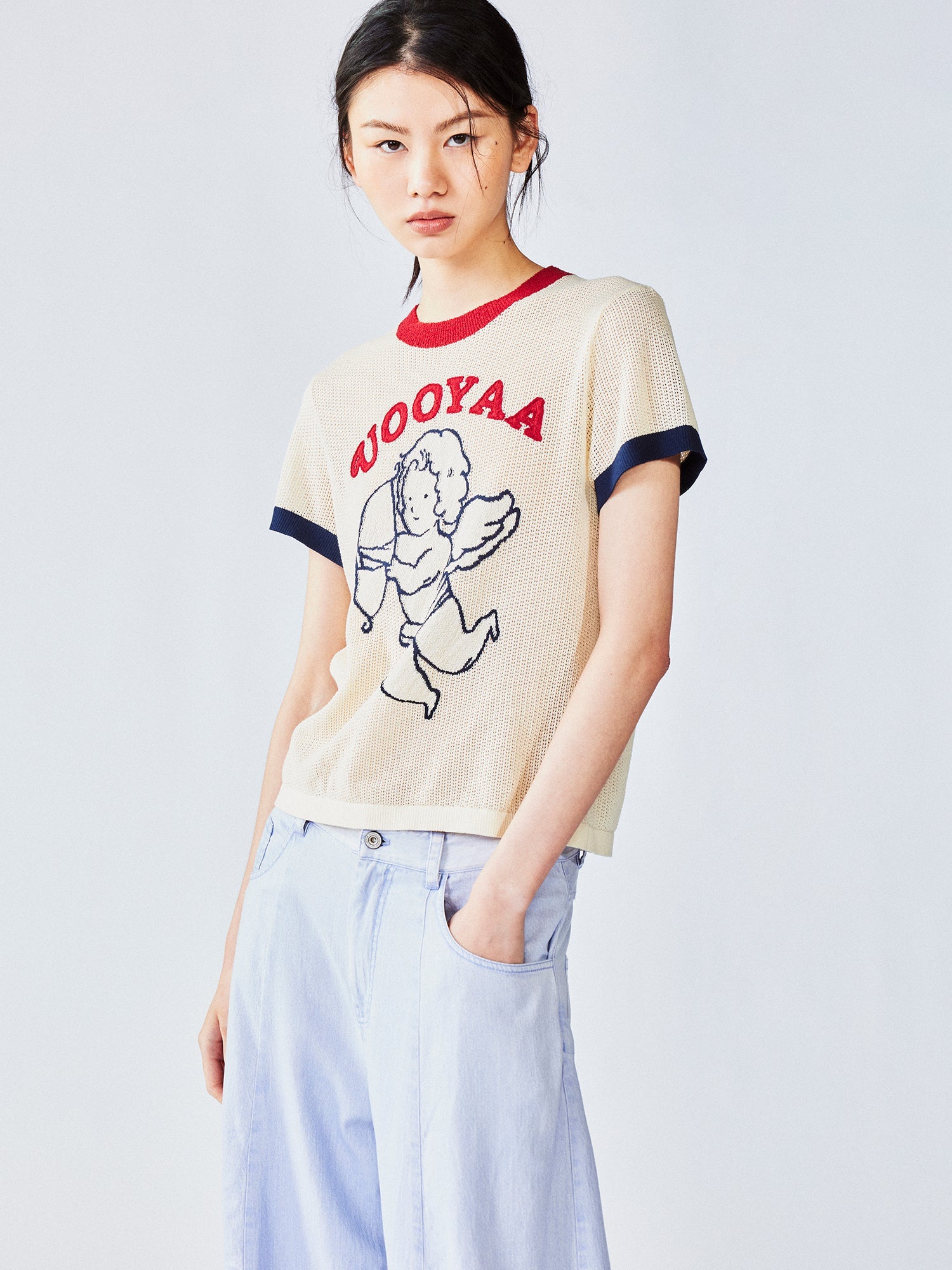 Love angel open-knit sweater tee