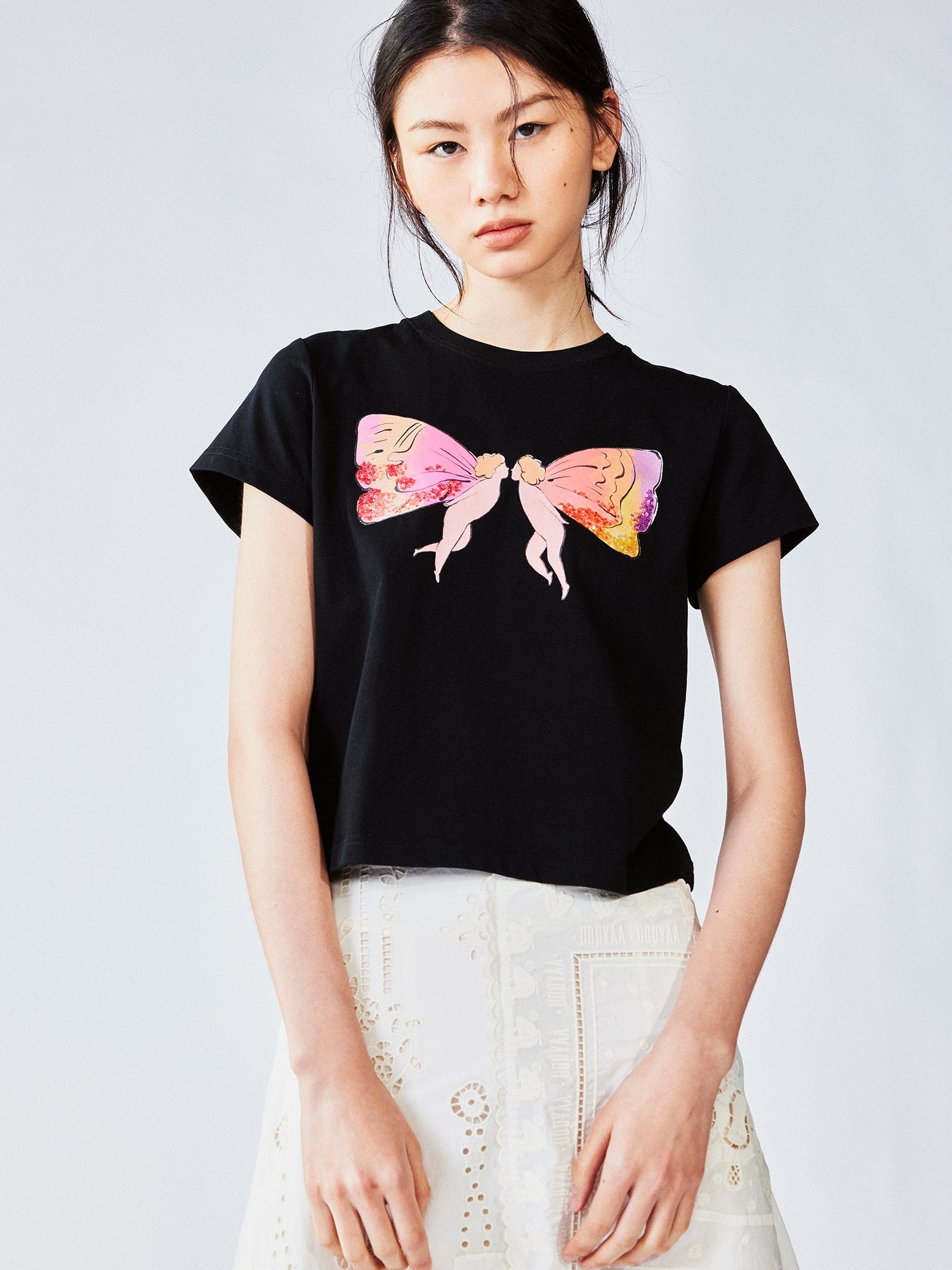 Little angel print bow tee