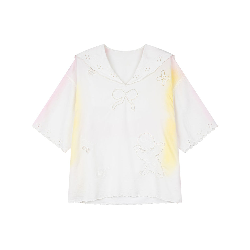 Openwork angel embroidery tencel denim pullover
