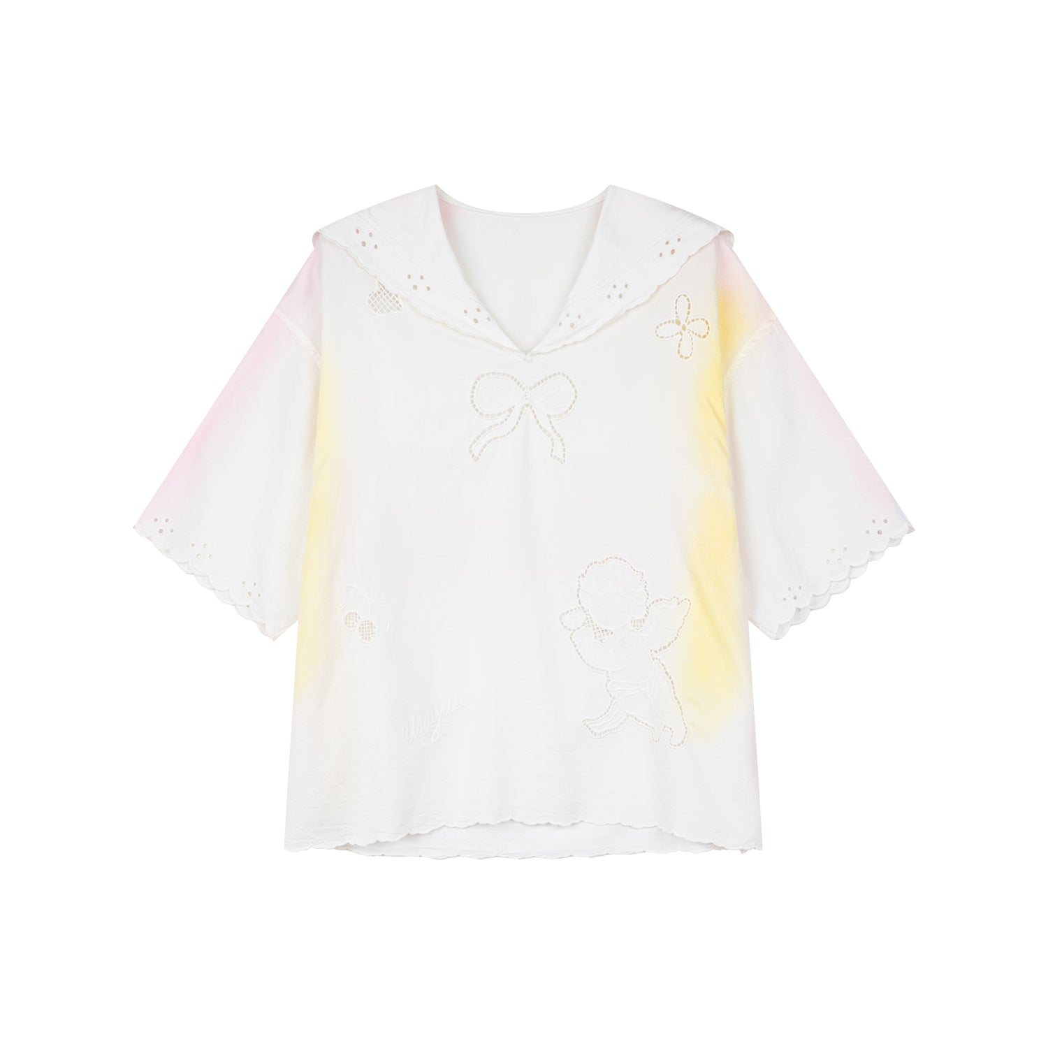 透かし彫りの天使刺繍テンセルデニムプルオーバー