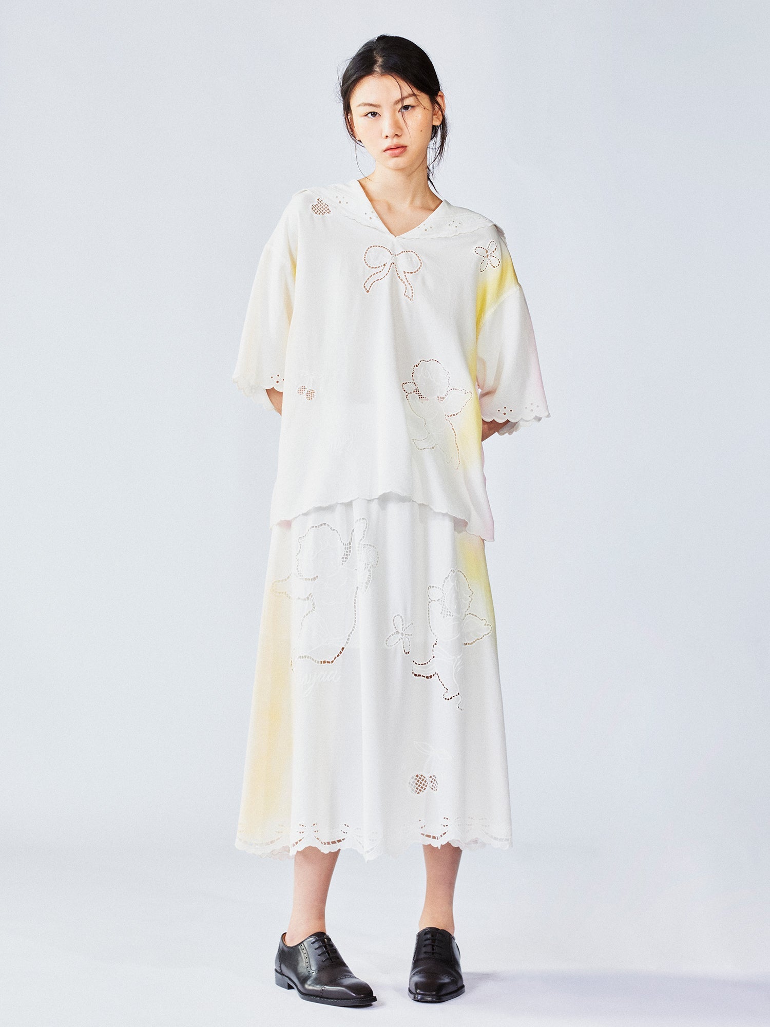 Openwork angel embroidery tencel denim pullover