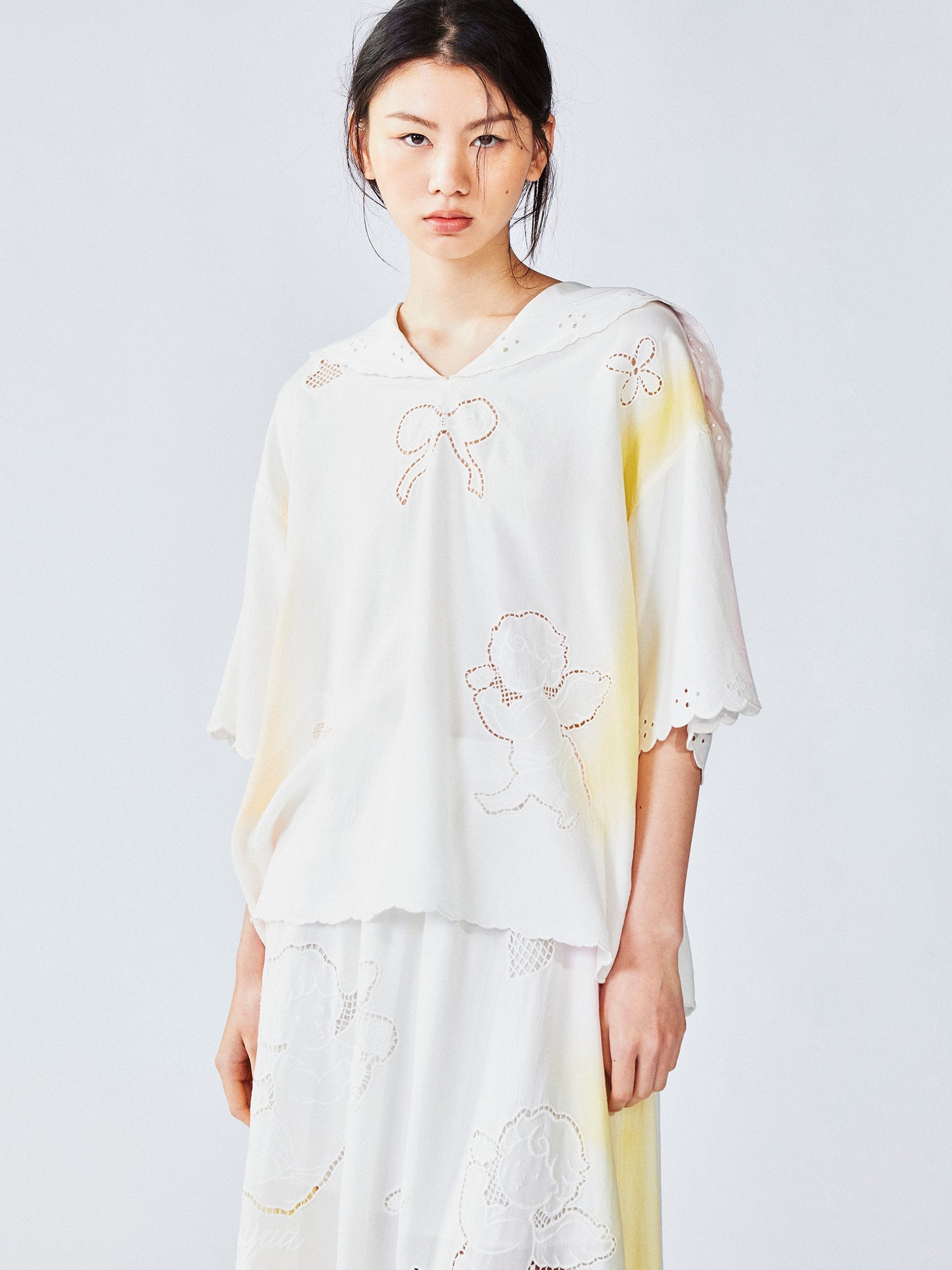 Openwork angel embroidery tencel denim pullover