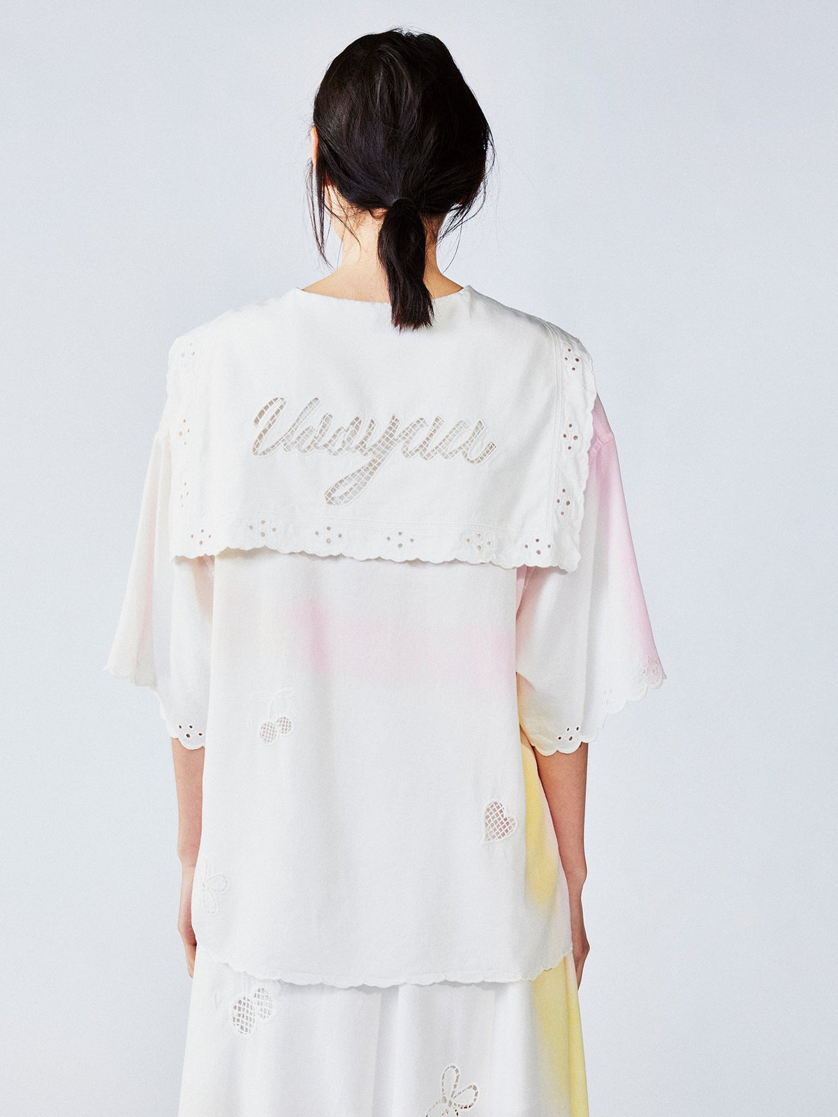 Openwork angel embroidery tencel denim pullover