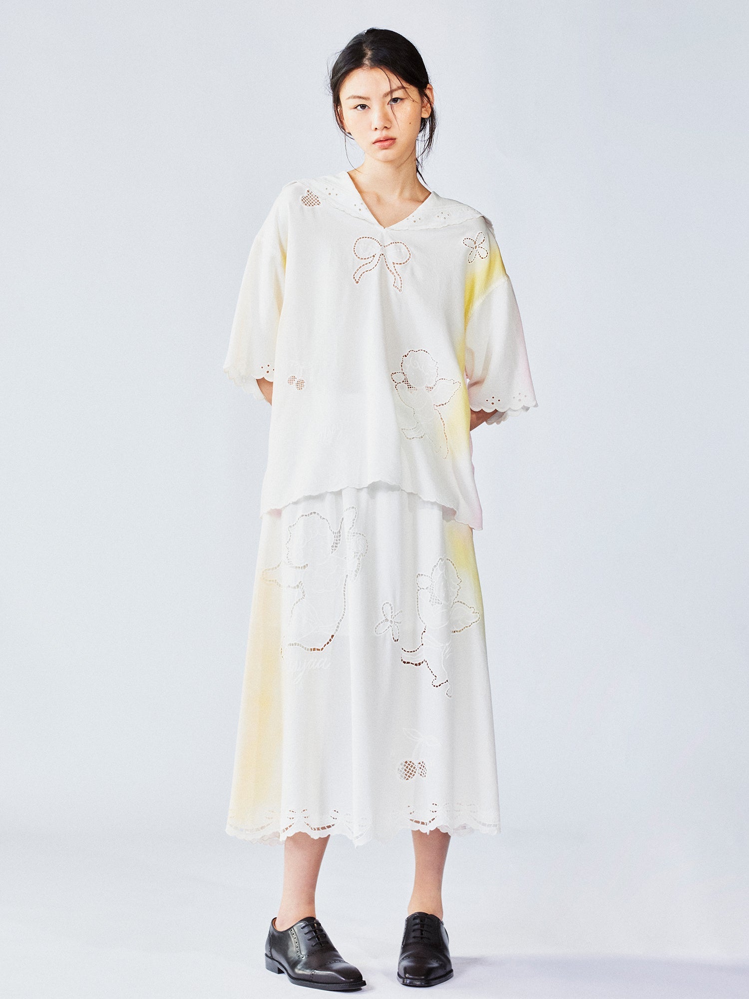 Openwork angel embroidery tencel denim skirt