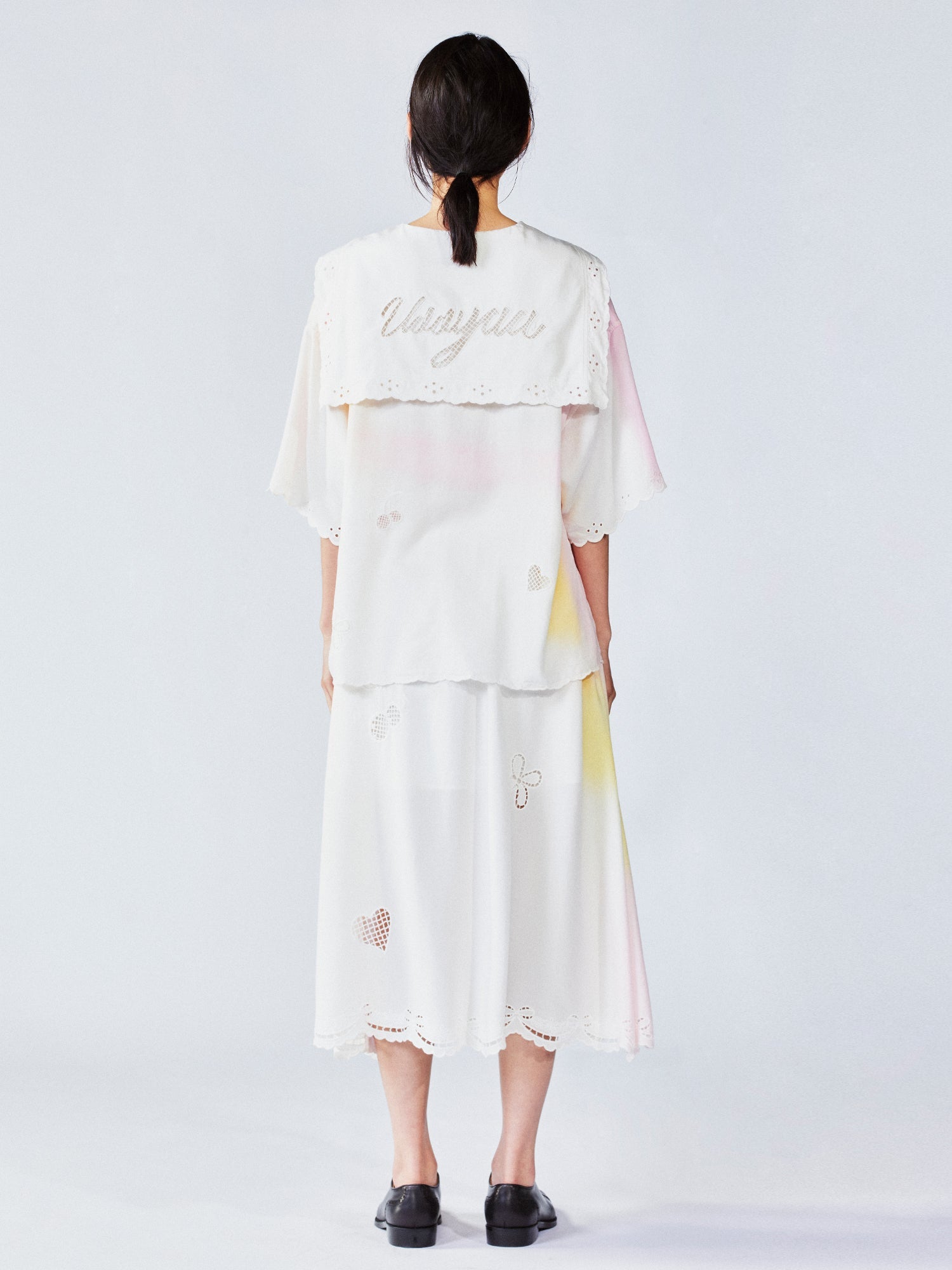 Openwork angel embroidery tencel denim skirt