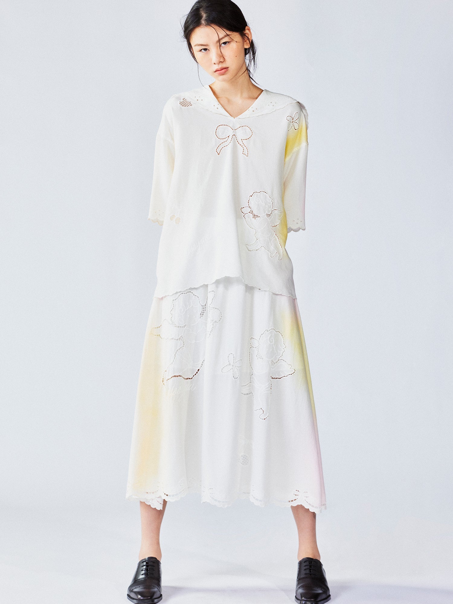 Openwork angel embroidery tencel denim skirt