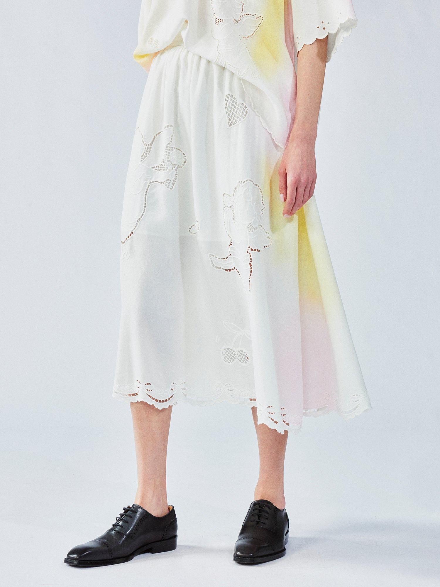 Openwork angel embroidery tencel denim skirt
