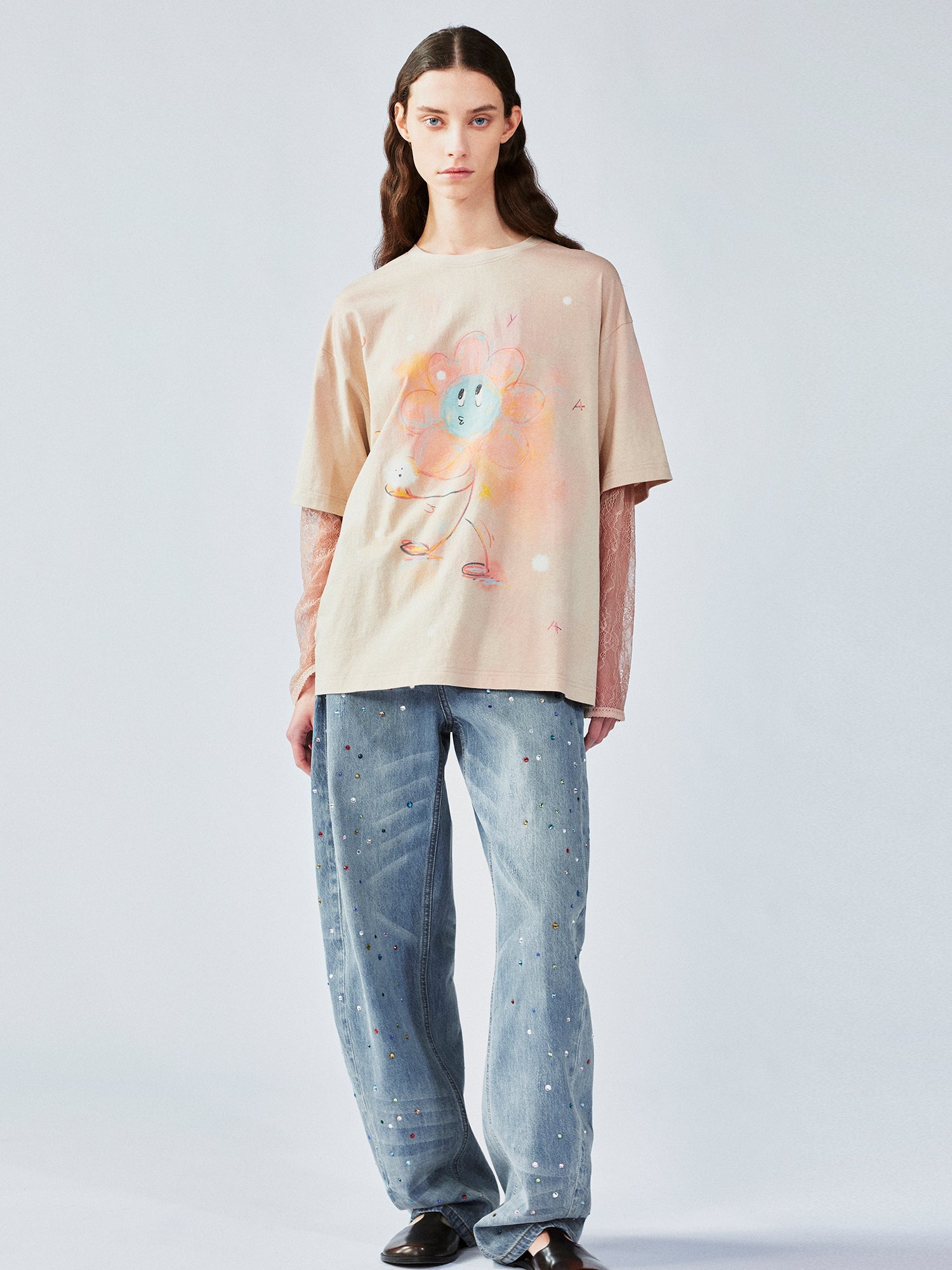 Lace layered dandelion print tee