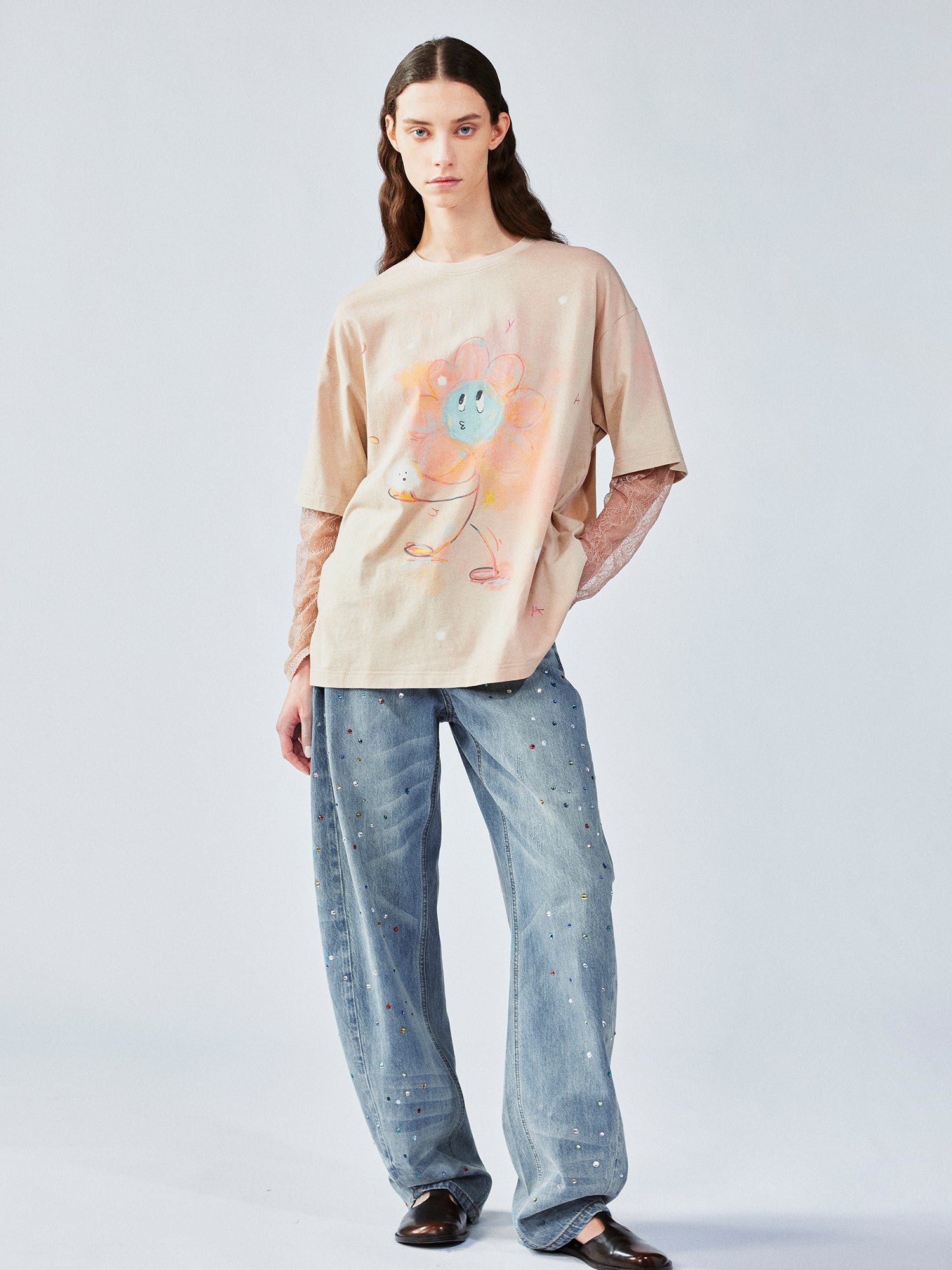 Lace layered dandelion print tee