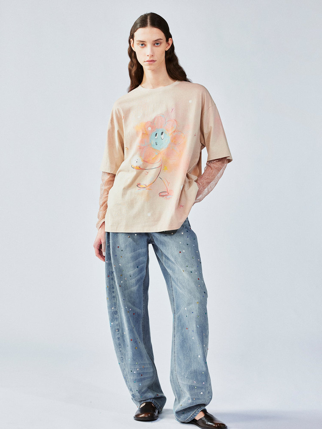 Lace layered dandelion print tee