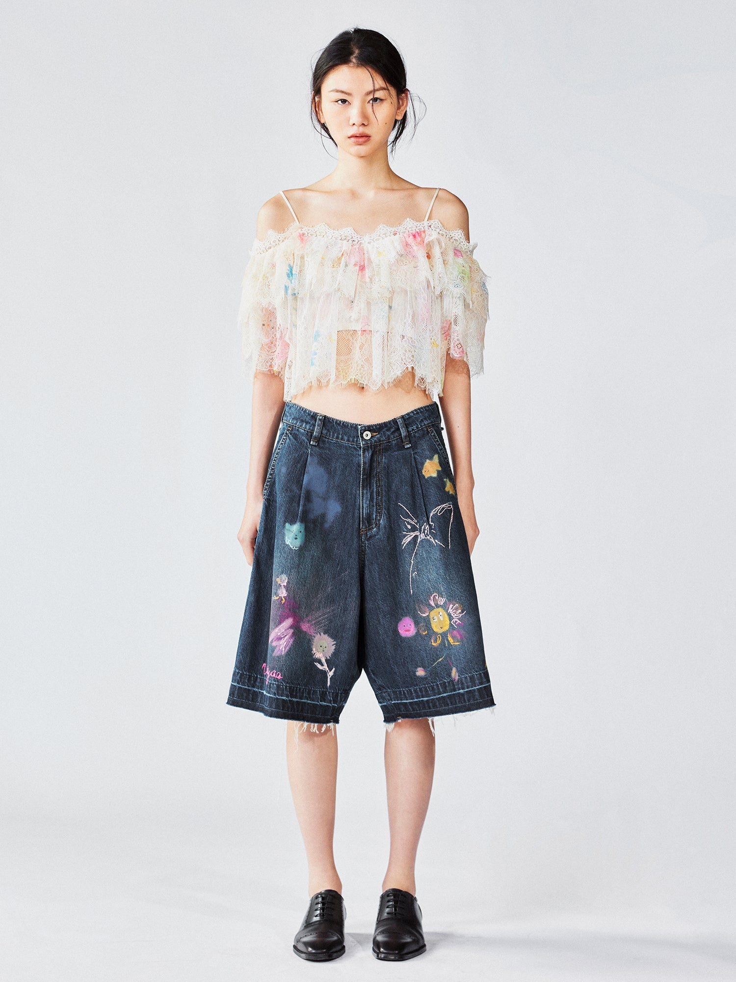 Hand-drawn dreamy denim shorts