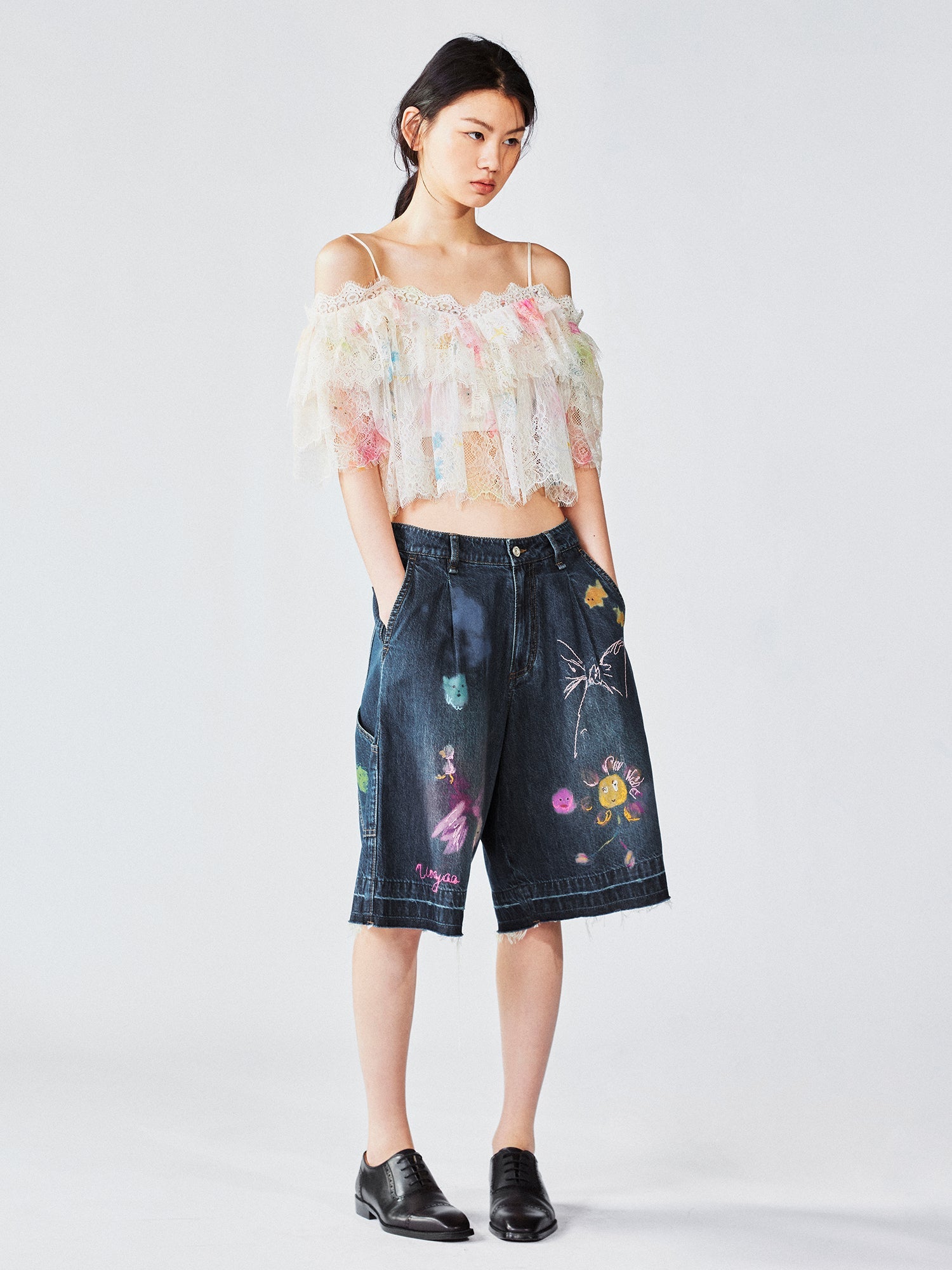 Hand-drawn dreamy denim shorts
