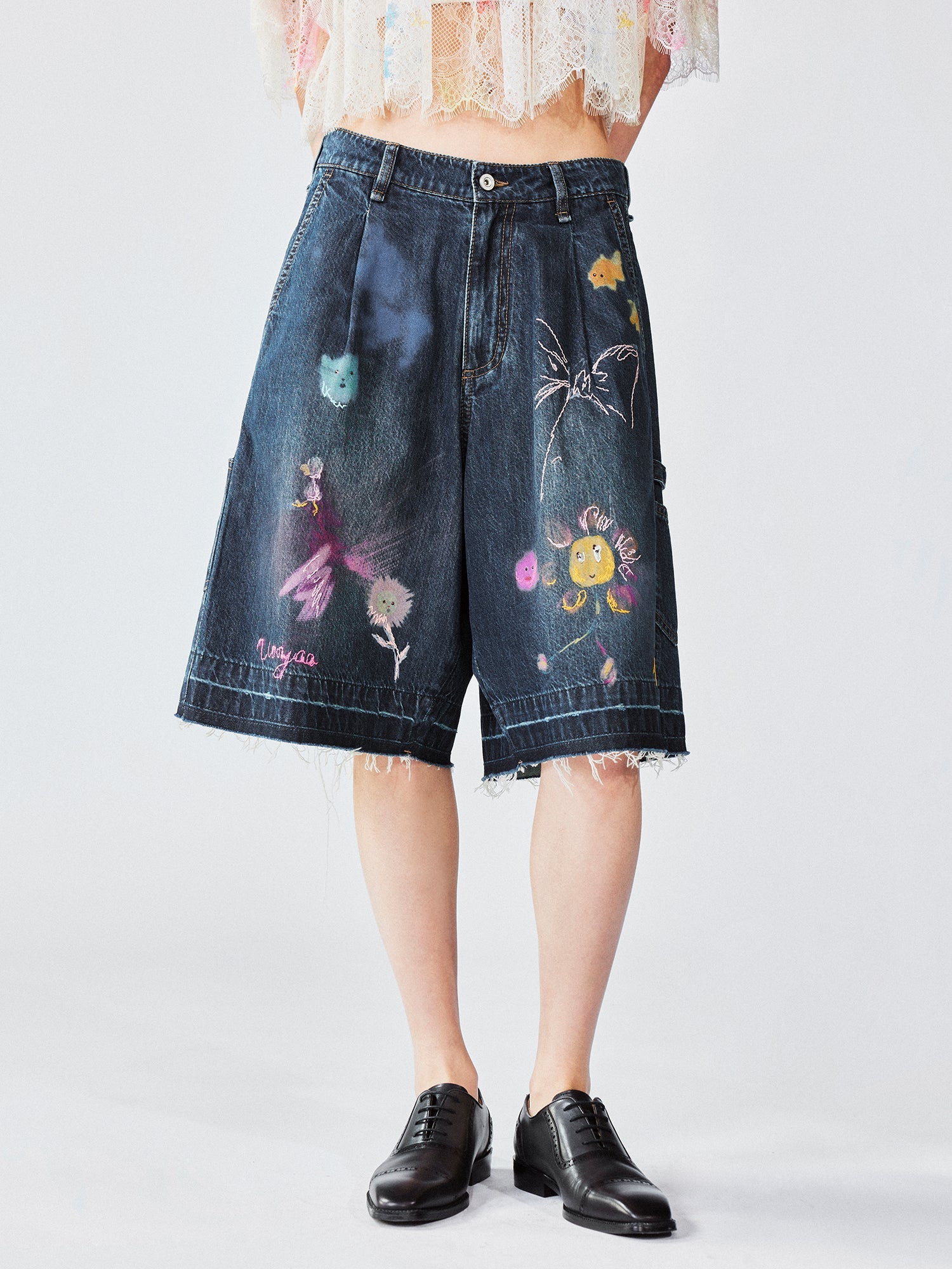 Hand-drawn dreamy denim shorts