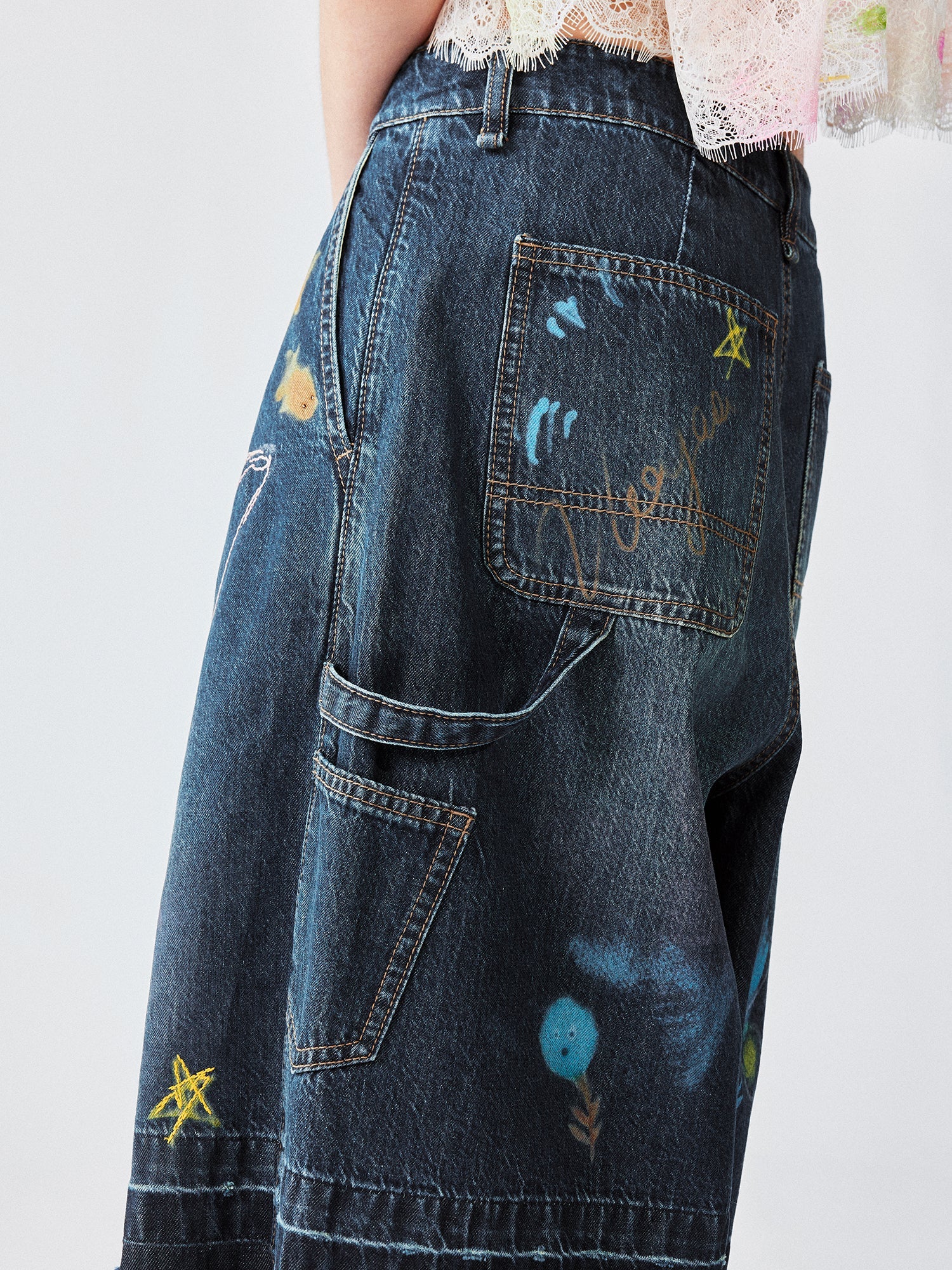 Hand-drawn dreamy denim shorts