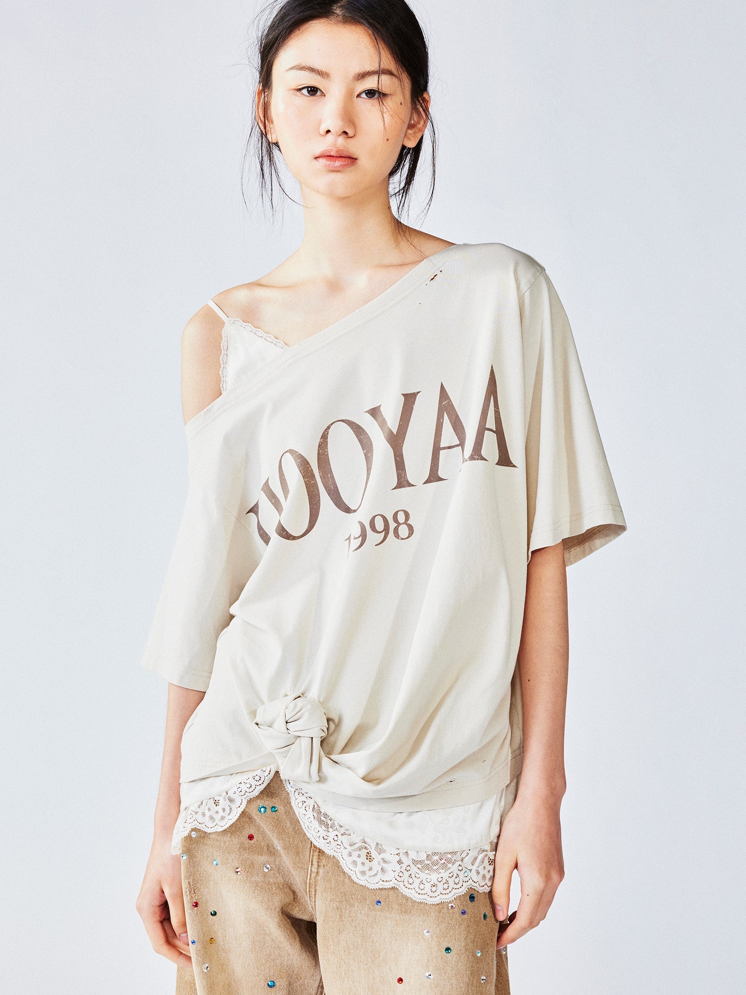 3D twist lace faux two-piece camisole tee